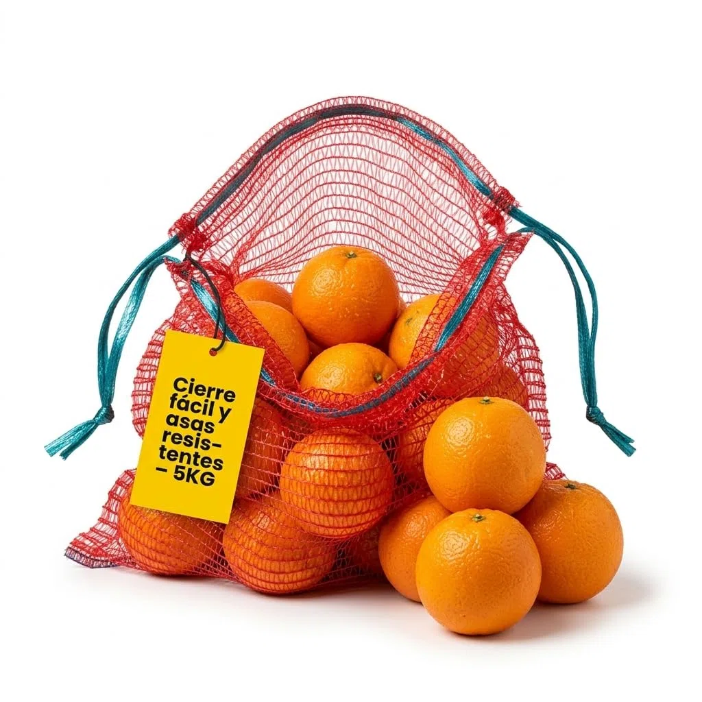 Pack 100 Sacos de Malla para Naranjas, Cebollas o Frutos Secos con Cierre y Asas | Peso Util 5kg | Malla Red Raschel | Medidas 32x44cm | Color Rojo