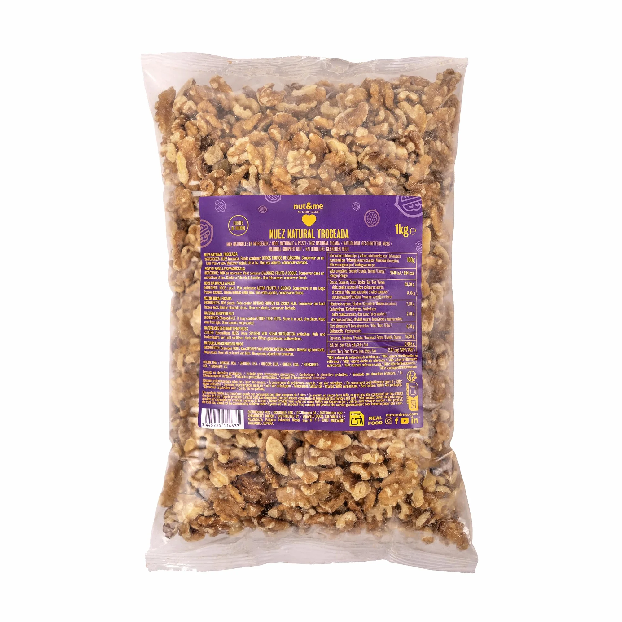 Nueces peladas 1 kg nut&me | Keto | Fuente de hierro | Alto en fibra | Sin aditivos | Sin gluten | Snack saludable