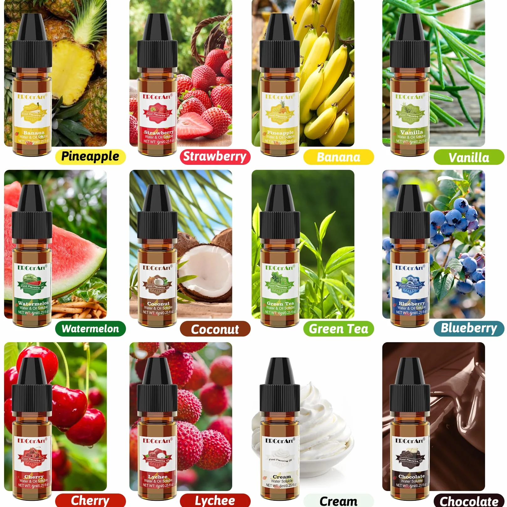 Aromas Alimentarios - 12 Aroma Flavour Drops, Aroma Natural Líquido, Saborizante Concentrado Para Caramelos, Aceite Saborizante Para Hornear, Jabón, Bebidas, Soluble en Agua y Aceite