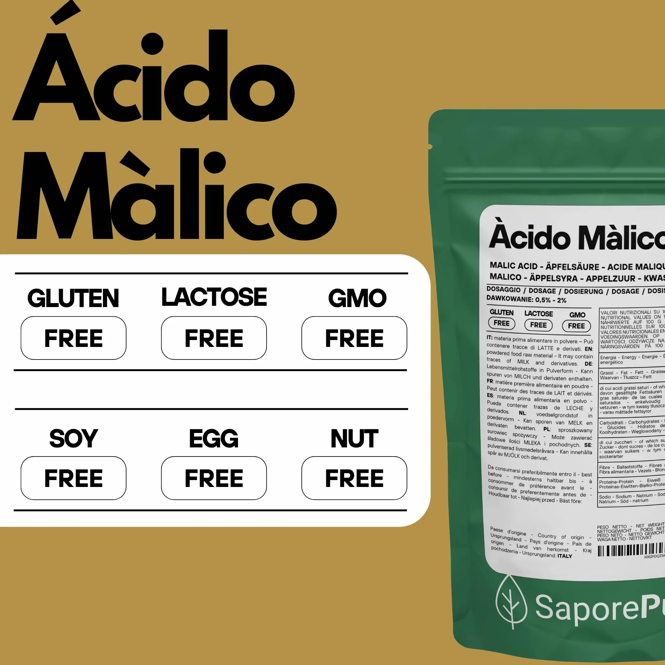 SaporePuro Ácido Málico en Polvo 500 g | Alta Solubilidad y Sabor Ácido | Ideal para Bebidas, Postres y Suplementos | Calidad Alimentaria | Sin Gluten