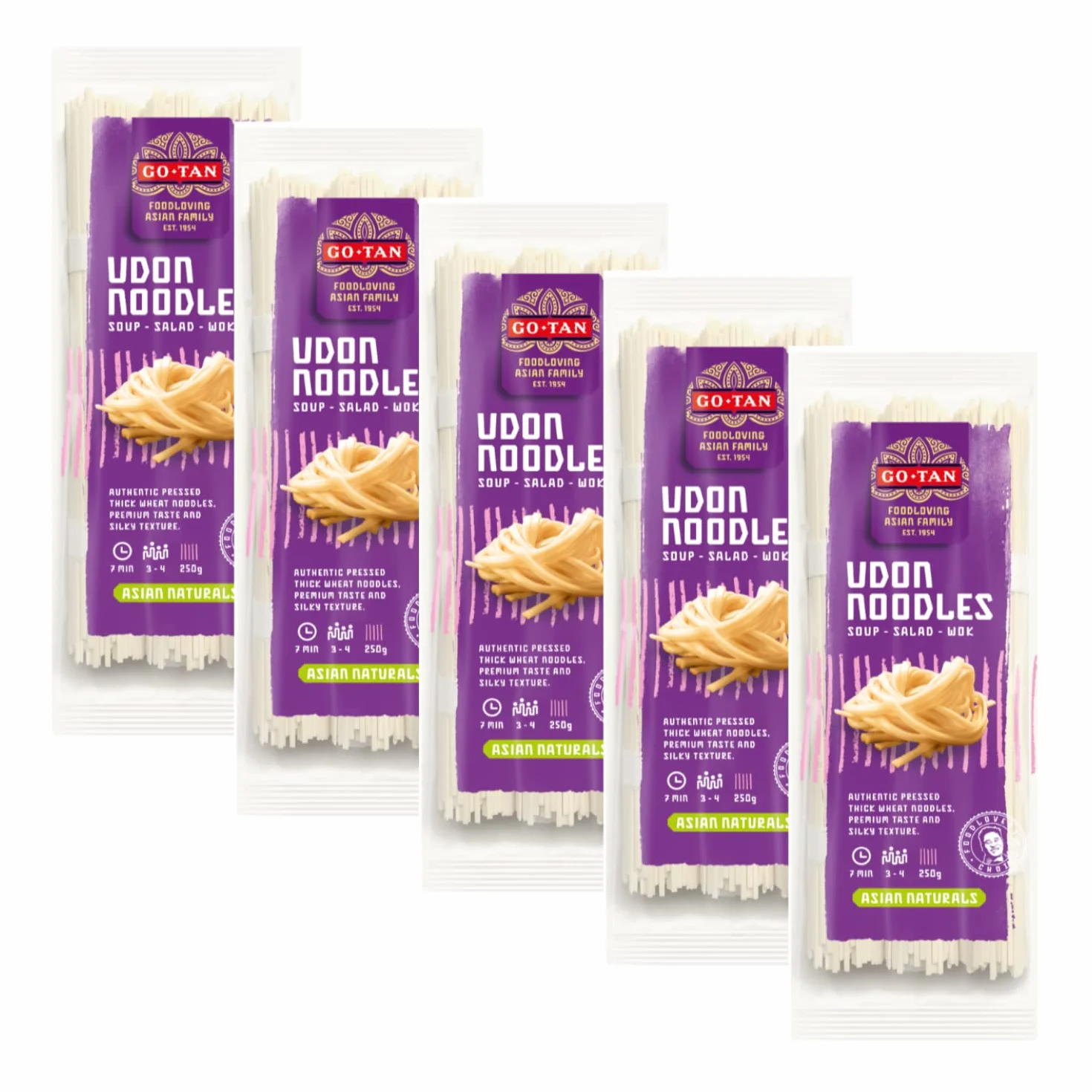 Go-Tan | Fideos Udon Pasta Japonesa | Fideos Japoneses | Harina De Trigo Blanda - 5 x 250 Gramos