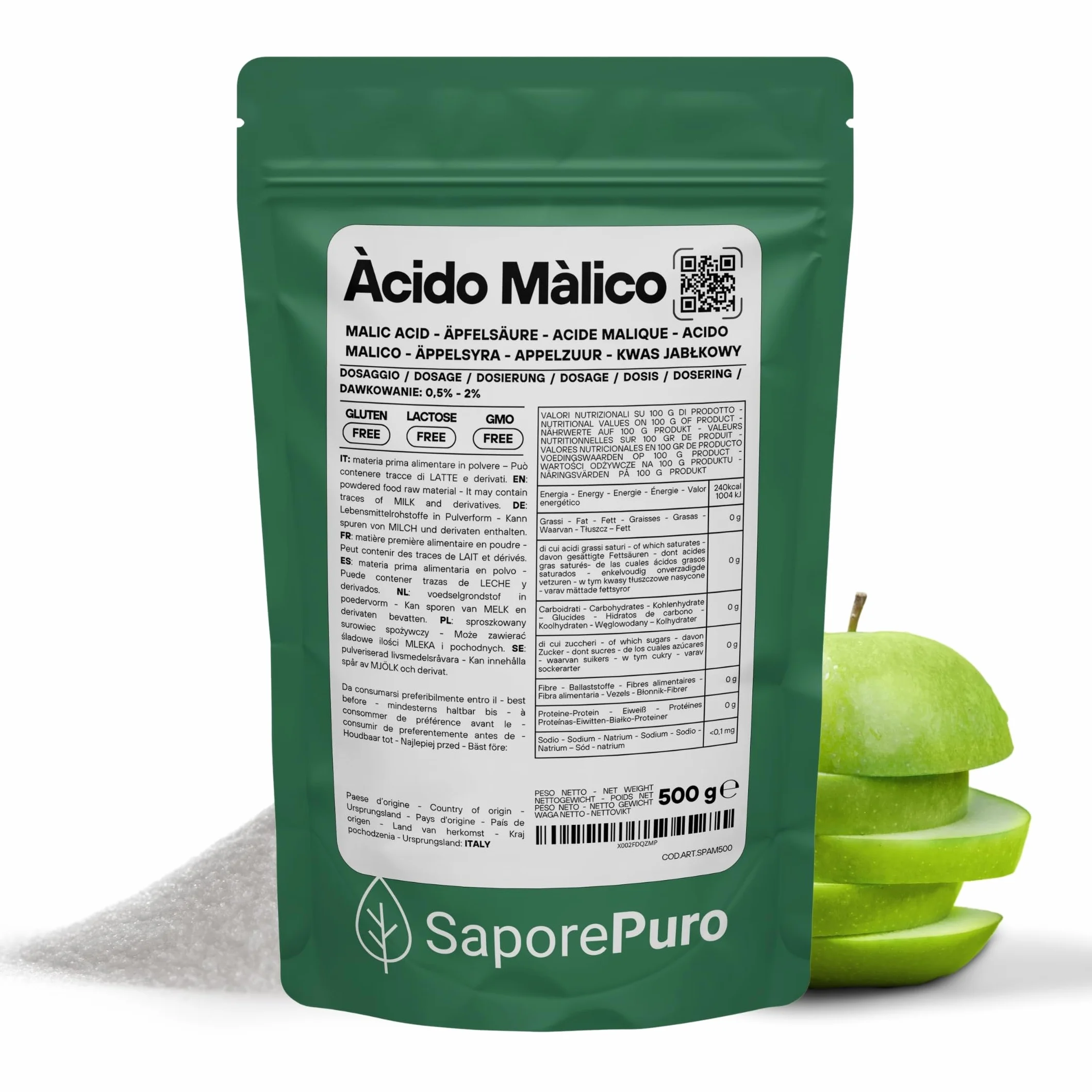 SaporePuro Ácido Málico en Polvo 500 g | Alta Solubilidad y Sabor Ácido | Ideal para Bebidas, Postres y Suplementos | Calidad Alimentaria | Sin Gluten