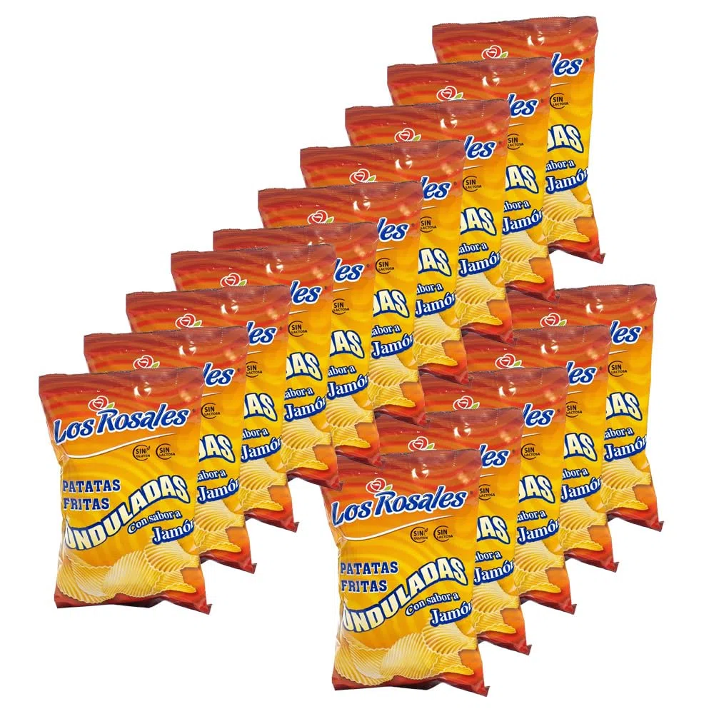 LOS ROSALES Patatas Fritas Onduladas Sabor Jamón Caja 15 Bolsas, chips, patatas fritas, snacks y aperitivos, patatas fritas sin gluten sin lactosa, snacks