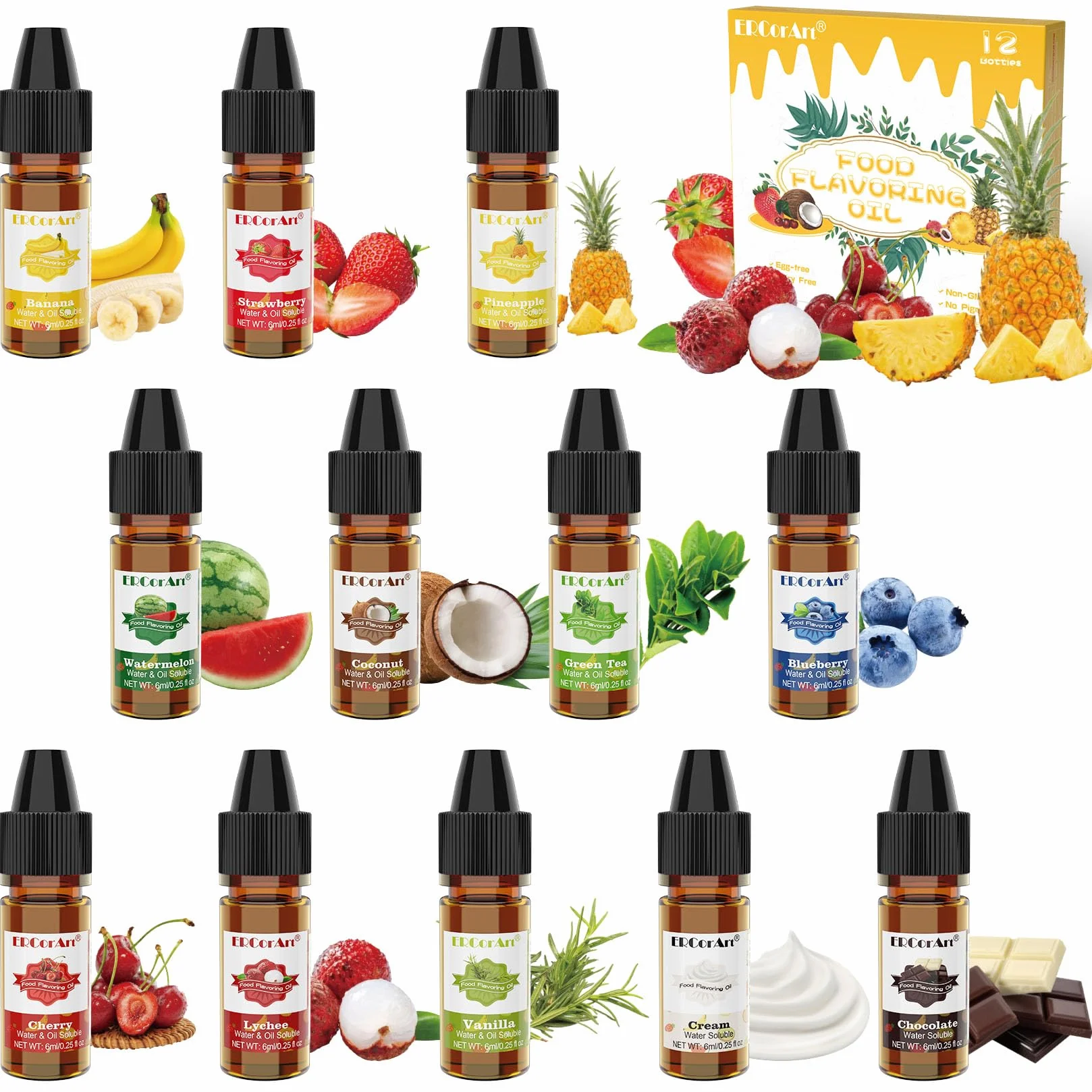 Aromas Alimentarios - 12 Aroma Flavour Drops, Aroma Natural Líquido, Saborizante Concentrado Para Caramelos, Aceite Saborizante Para Hornear, Jabón, Bebidas, Soluble en Agua y Aceite
