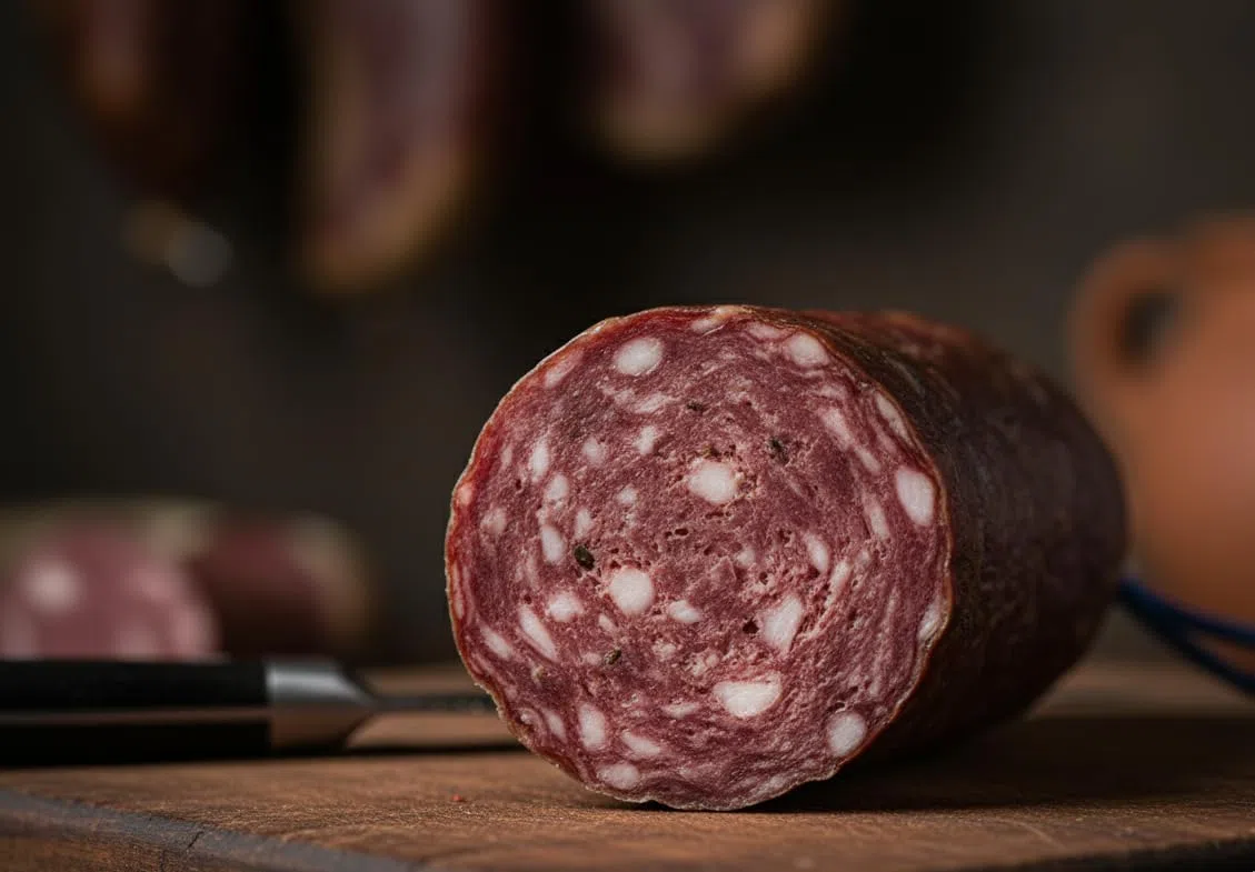 Salchichón de Zamora Curado Artesanal | Sabor Suave y Tradicional | 100% Carne de Cerdo | Ideal para Tapas y Tabla de Embutidos Salchichón Sarta de unos 500 grs.Producto artesano Gourmet