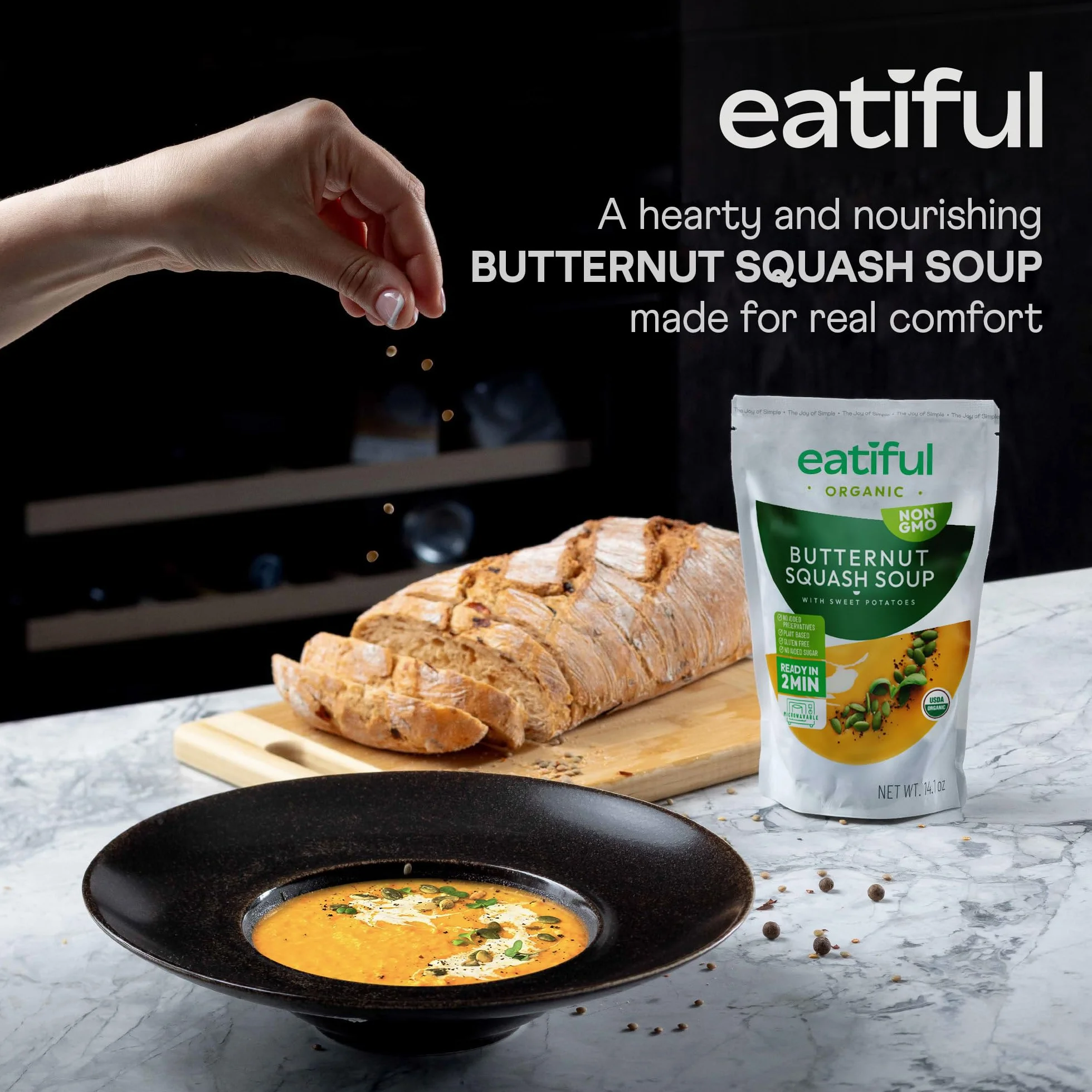 EATIFUL Sopa de Calabaza Moscada, Deliciosa Sopa de Calabaza Moscada Lista Para Comer con Boniatos, Elaborada con Verduras Ecológicas, de Origen Vegetal, sin Gluten y OMG, 400g (Paquete De 3)