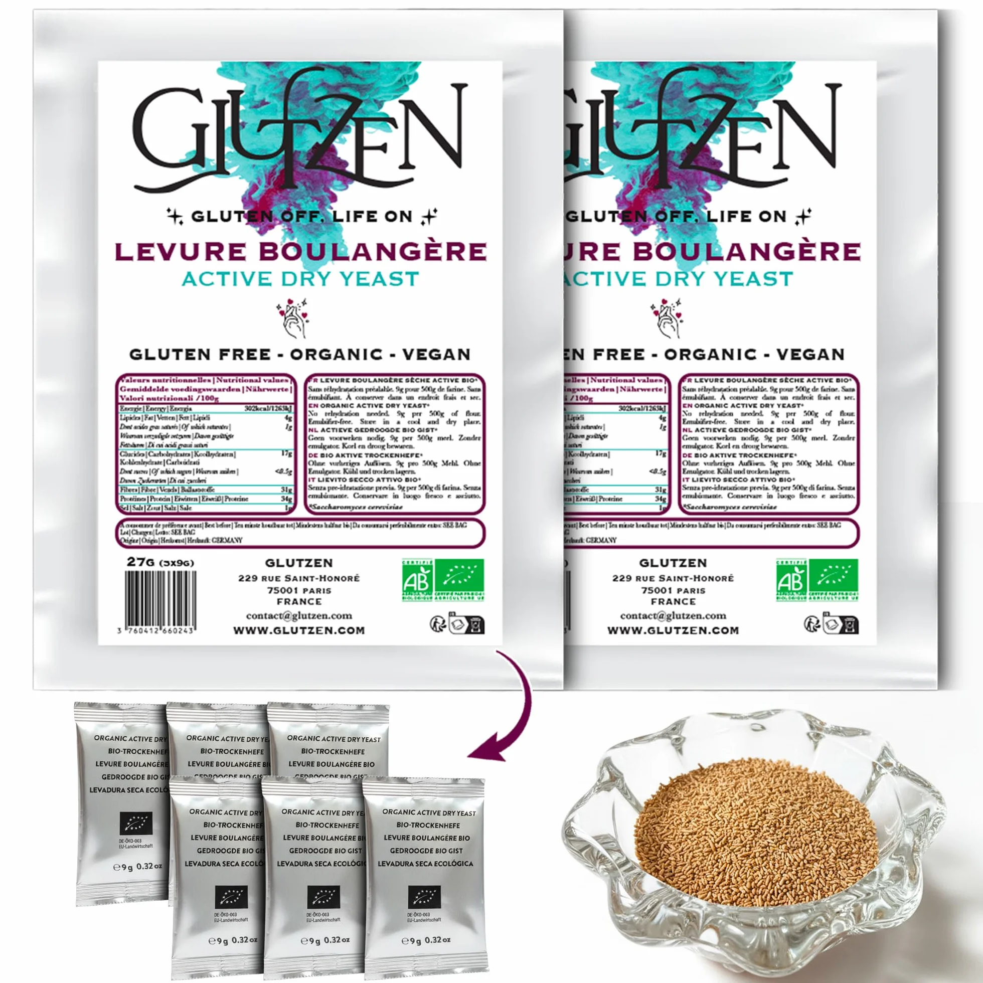 Levadura Seca Instantánea Sin Gluten Bio GLUTZEN 6x9g Activa para Pan y Pizza