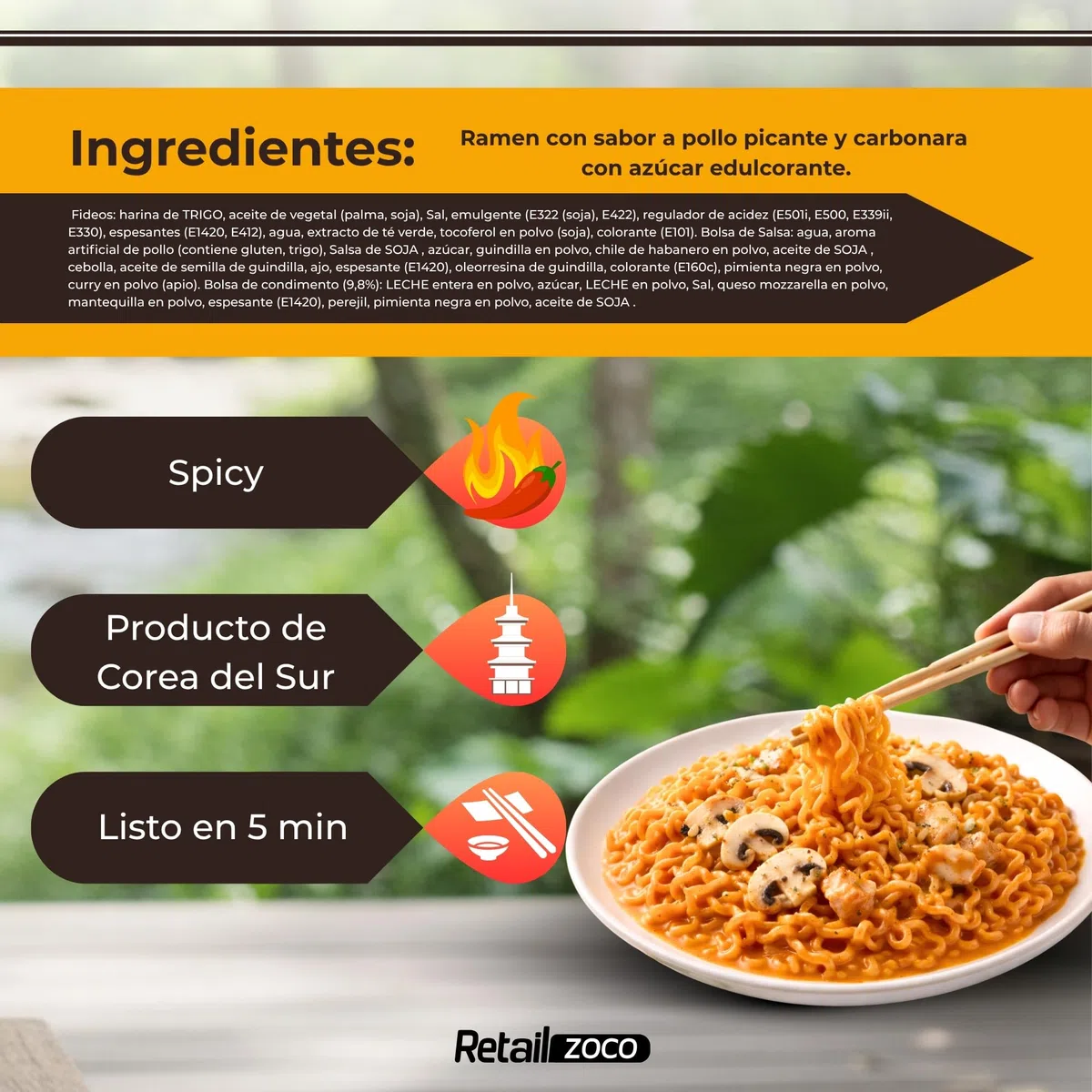 Ramen con fideos salteados con pollo picante Samyang Buldak, Hot Chicken Ramen Carbonara, Hot chicken ramen instantáneo muy rico y picante, Sabor a carbonara, Pack 3 paquetes de 80g cada uno