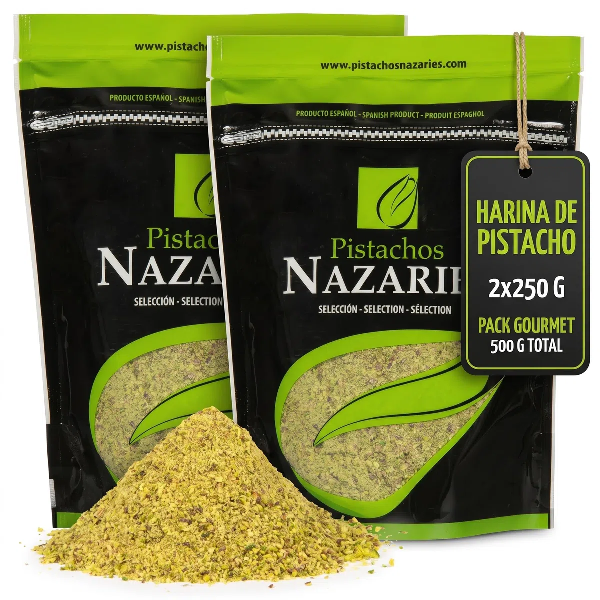 Nazaries Harina de Pistacho Española Molida Sin Sal Sin Gluten 2x250 g Cultivada en Andalucia 100% Natural Alta Proteina 22g Pistacho en Polvo Vegano Reposteria Chocolate Dubai Bizcochos Helados
