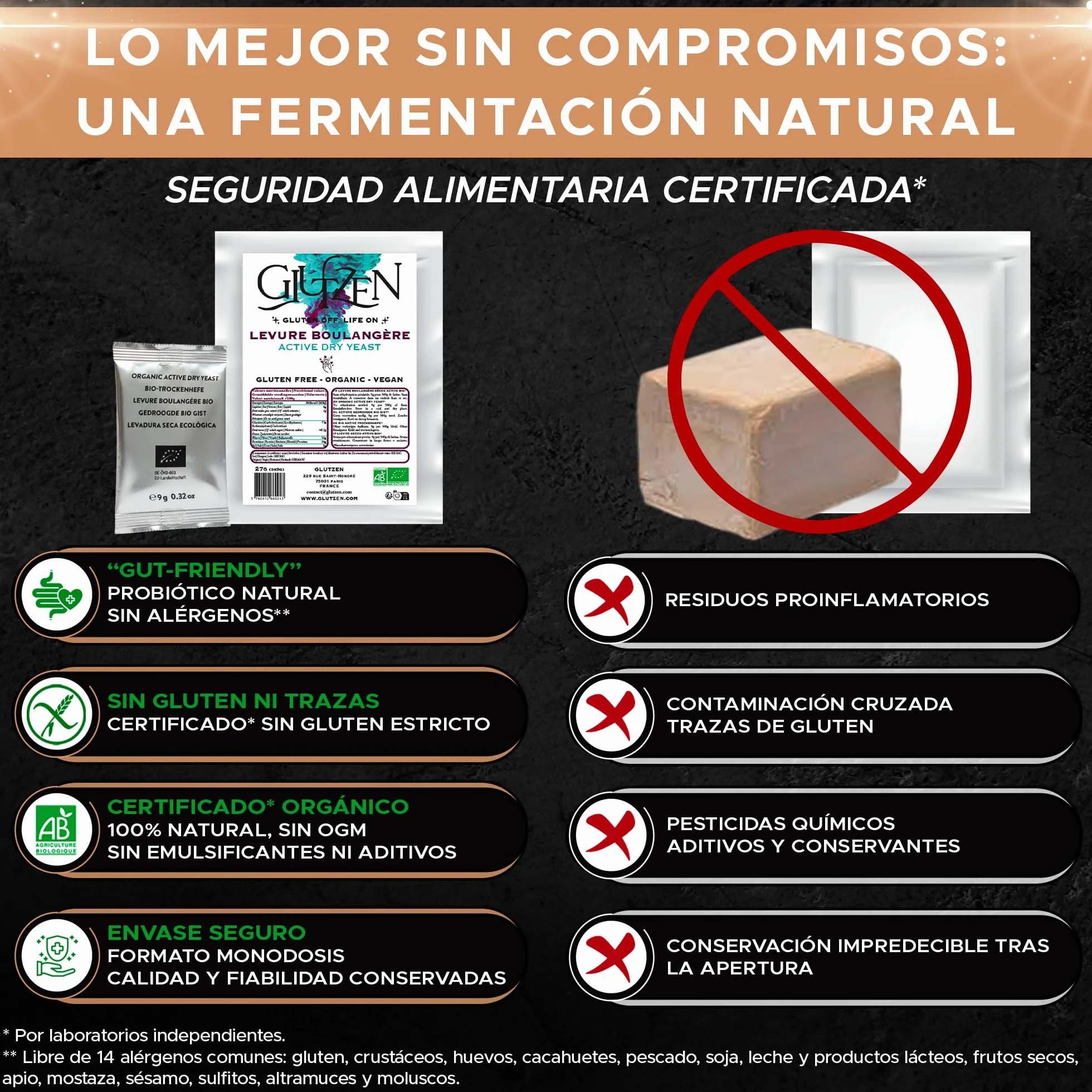Levadura Seca Instantánea Sin Gluten Bio GLUTZEN 6x9g Activa para Pan y Pizza
