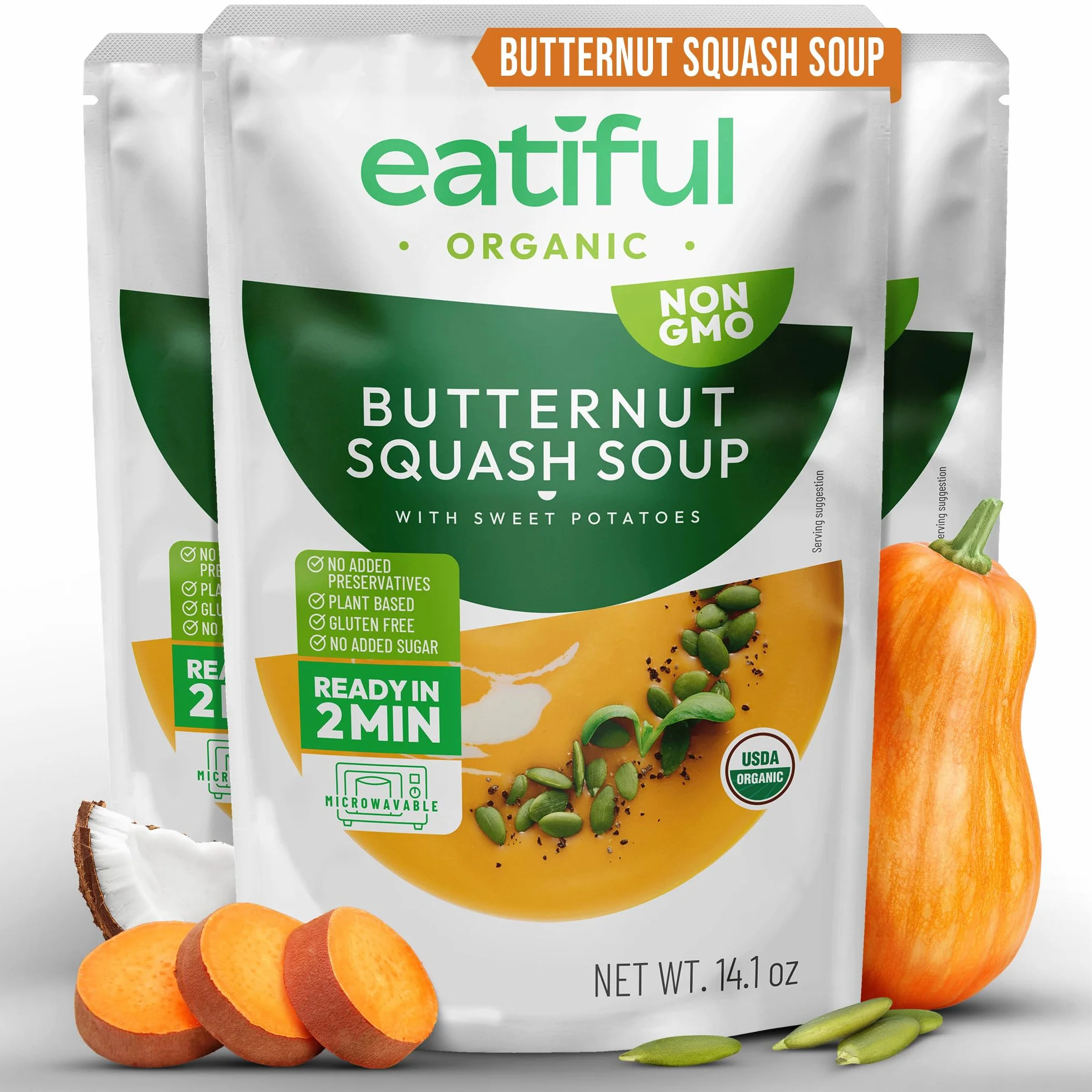 EATIFUL Sopa de Calabaza Moscada, Deliciosa Sopa de Calabaza Moscada Lista Para Comer con Boniatos, Elaborada con Verduras Ecológicas, de Origen Vegetal, sin Gluten y OMG, 400g (Paquete De 3)