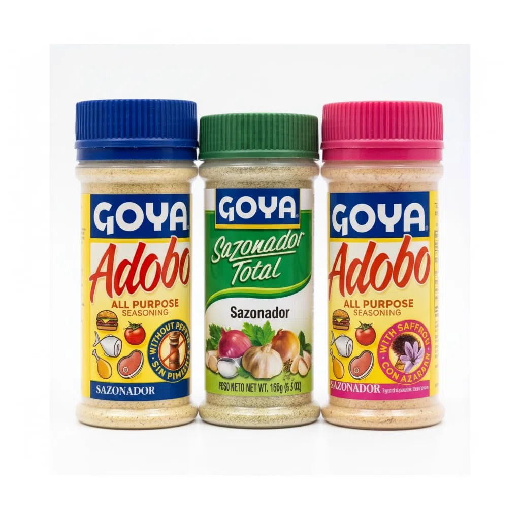 Pack de 3 Sazonadores: Adobo Sin Pimienta 226g - Sazonador Total 156g y Adobo con Azafrán 226g - Condimentos para Carnes, Aves y Guisos - Goya - Sabor Tradicional Latino - NEXU