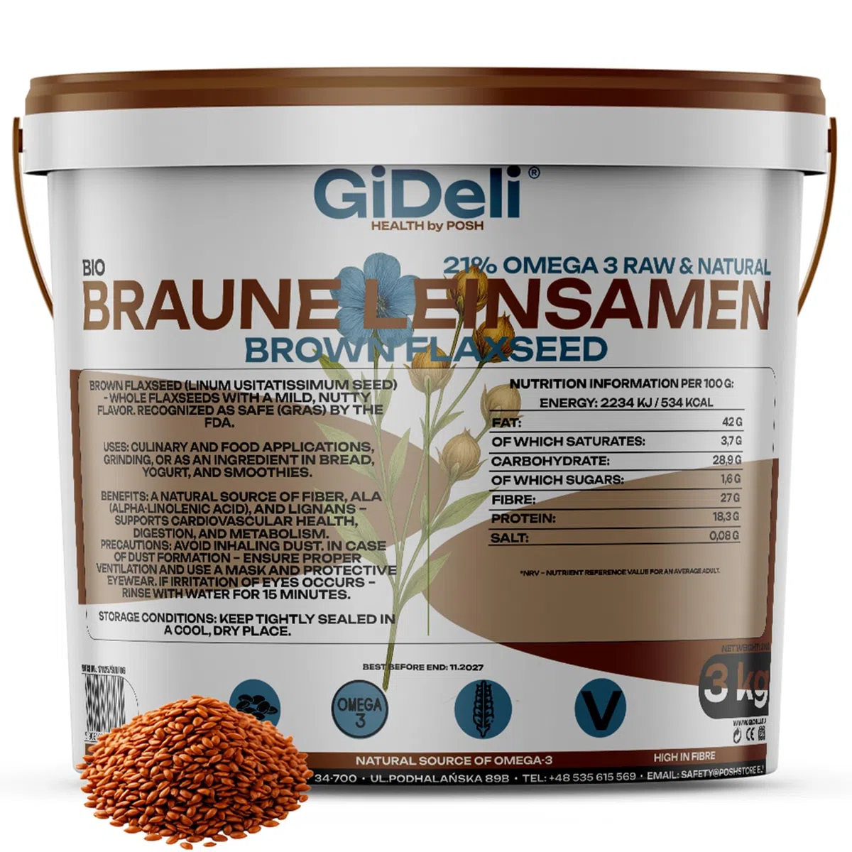 GiDeli Semillas de Lino Marrón 3kg - Rica en Proteina y Omega 3 - Baja en Azúcar - Frijoles Planos Para Hornear - Sabor Suave Ligeramente a Nuez - Para los Amantes de la Repostería - Producto Vegano
