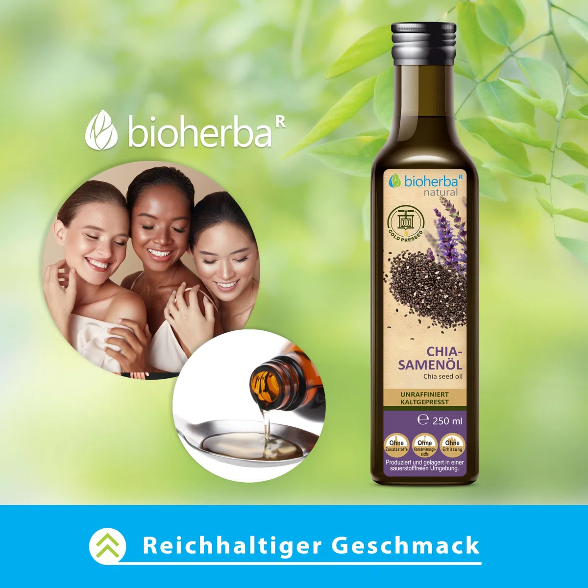 Aceite de semilla de chía 250 ml – Prensado en frío, 100 % natural y sin refinar | Para cocina y uso cosmético | BIOHERBA (1)