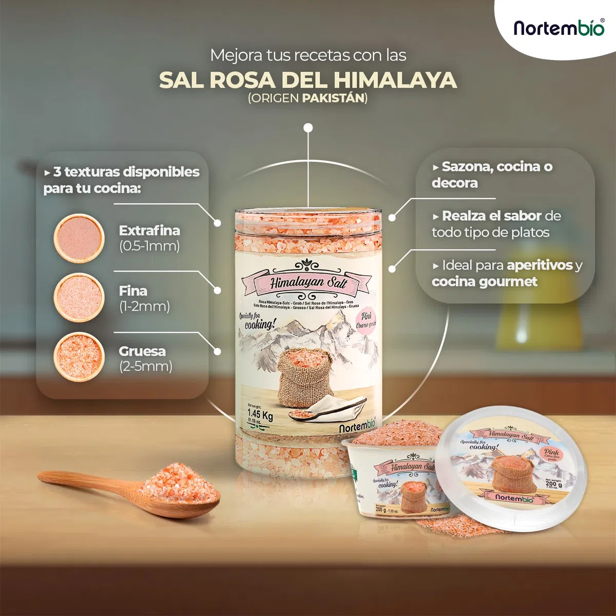 Nortembio Sal Rosa del Himalaya 1,35 kg Grano Fino (1–2 mm) Origen Pakistán Sal Mineral Natural sin Refinar para Uso Culinario. Gratis eBook con Recetas!