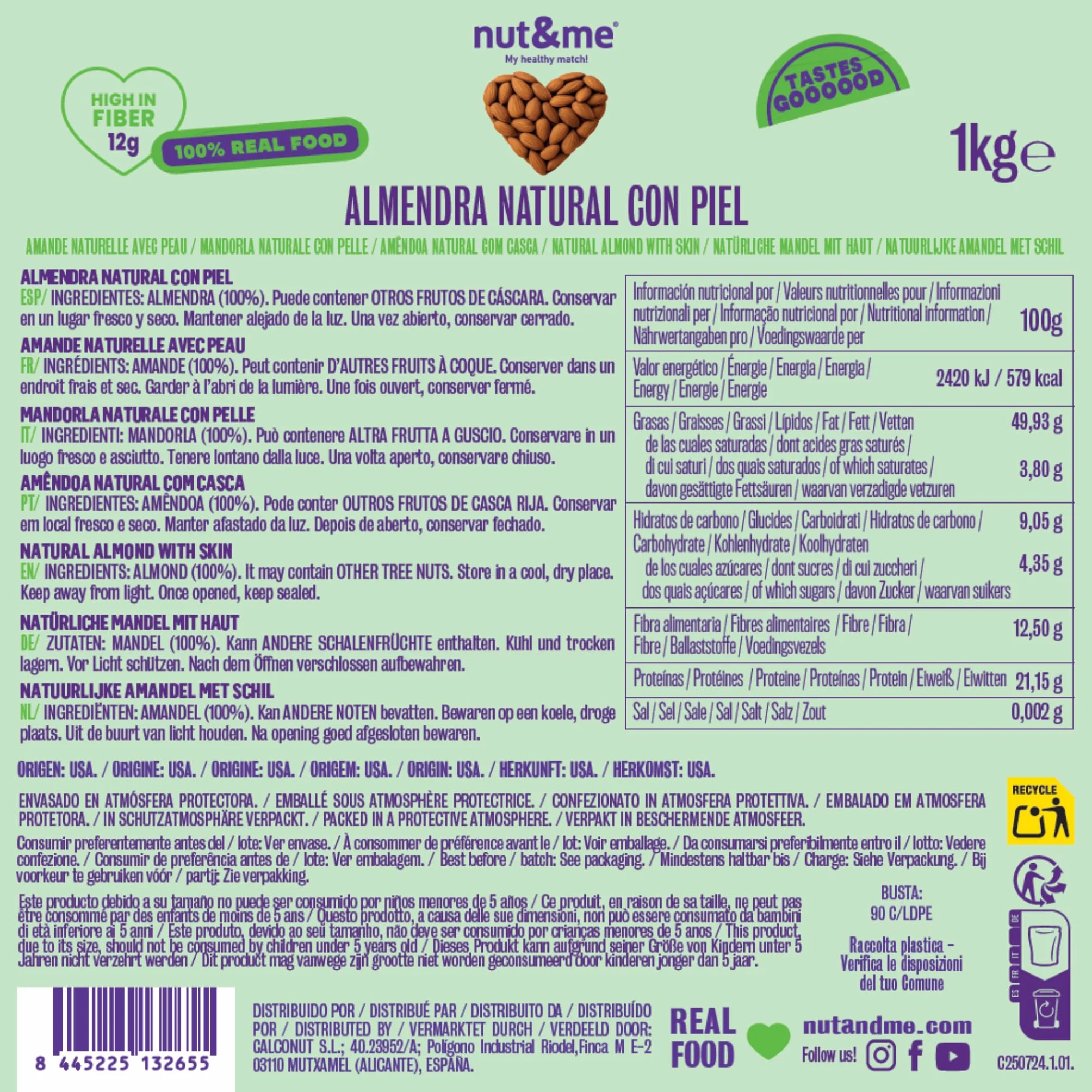 Almendras crudas con piel 1 kg nut&me | almendras naturales | Fuente de proteínas | Alto contenido en fibra | Sin gluten |