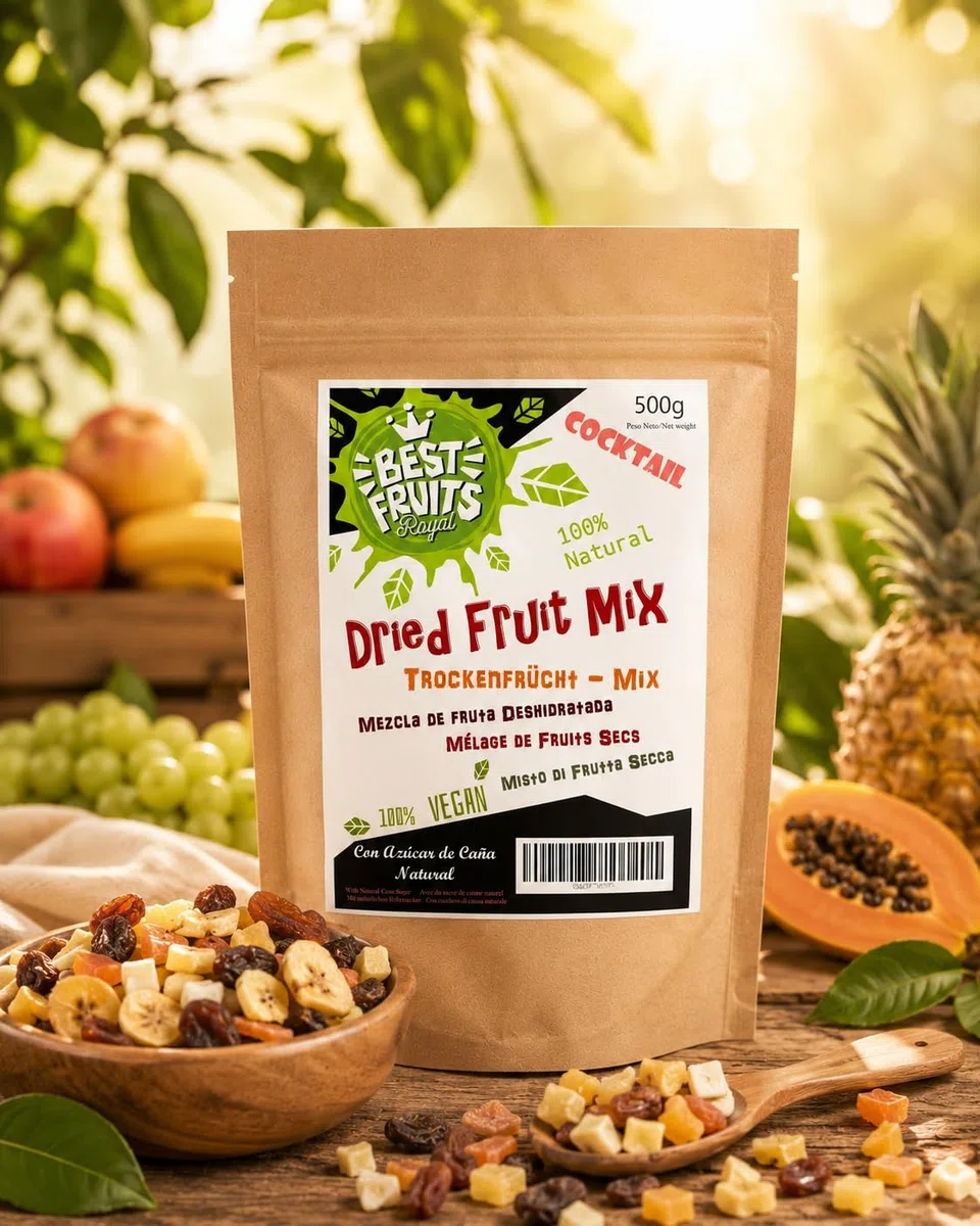Fruta Deshidratada - MIX 9 papaya banana piña pomelo coco melón kiwi mango y manzana 500g – Ideal para Pasteles Cocteles o Snack – Con Azúcar de caña Natural - Vegana