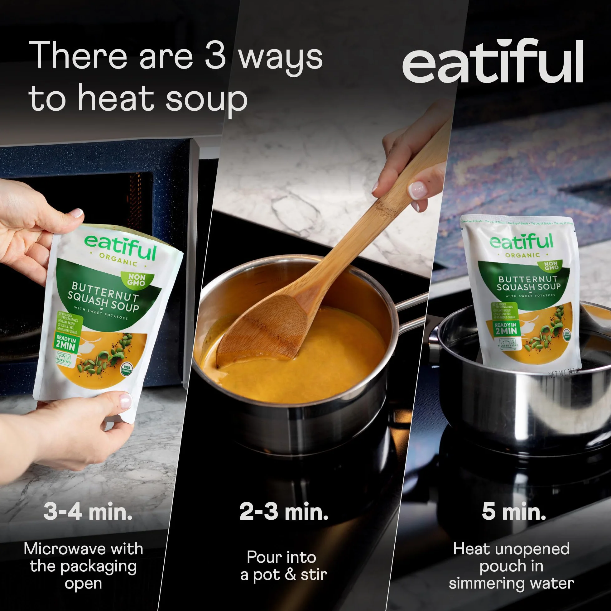 EATIFUL Sopa de Calabaza Moscada, Deliciosa Sopa de Calabaza Moscada Lista Para Comer con Boniatos, Elaborada con Verduras Ecológicas, de Origen Vegetal, sin Gluten y OMG, 400g (Paquete De 3)