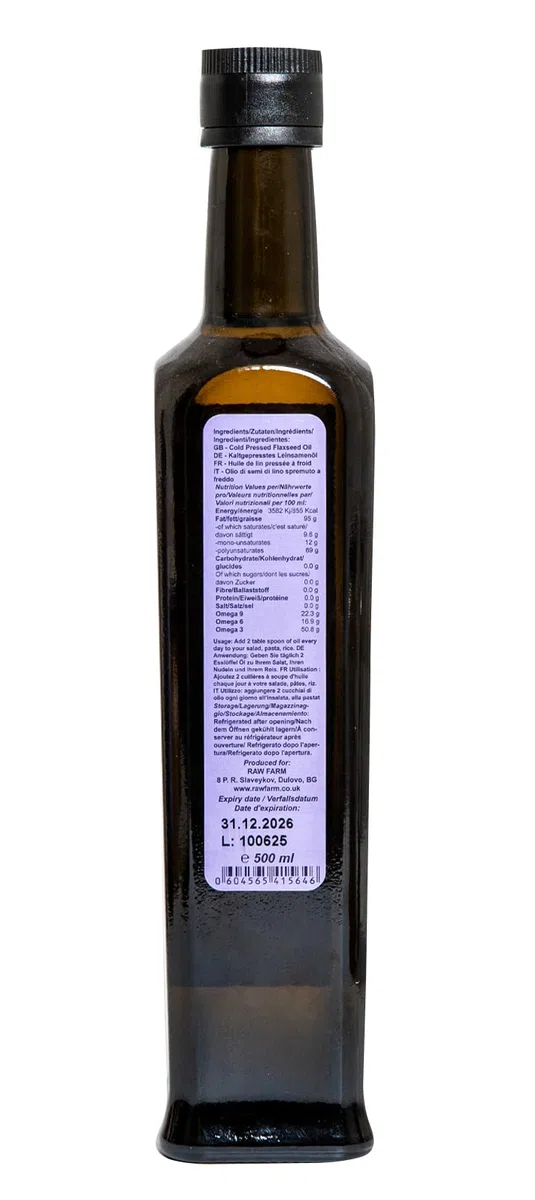Raw Farm – Aceite de Linaza – 500 ml – prensado en frío, puro y natural, sin aditivos ni conservantes – vegano, libre de transgénicos, aceite de linaza sin refinar