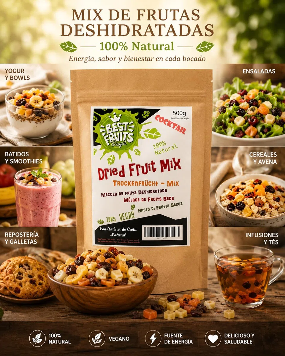 Fruta Deshidratada - MIX 9 papaya banana piña pomelo coco melón kiwi mango y manzana 500g – Ideal para Pasteles Cocteles o Snack – Con Azúcar de caña Natural - Vegana