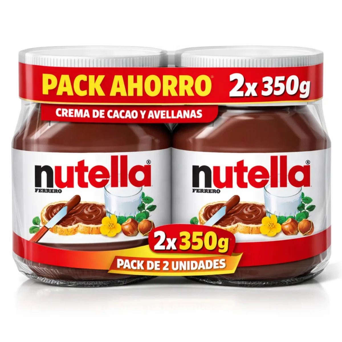 Nutella Original para untar, Crema de Cacao con Avellanas Ferrero, Tarro de Nutella, Ideal para Desayunos, Meriendas y Recetas Dulces, Hecha en Italiam, Pack ahorro, Contiene 2 botes de 350 gr