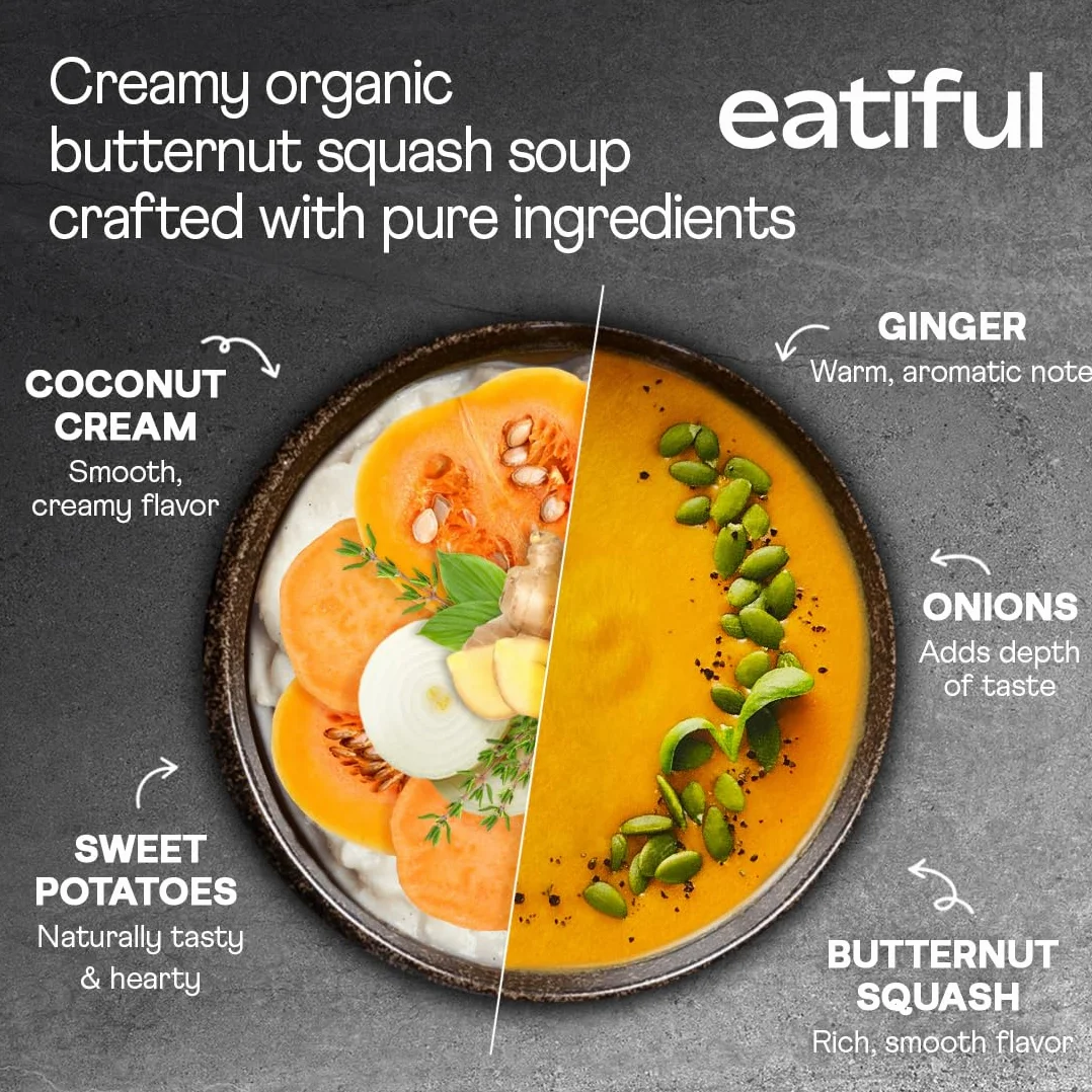 EATIFUL Sopa de Calabaza Moscada, Deliciosa Sopa de Calabaza Moscada Lista Para Comer con Boniatos, Elaborada con Verduras Ecológicas, de Origen Vegetal, sin Gluten y OMG, 400g (Paquete De 3)