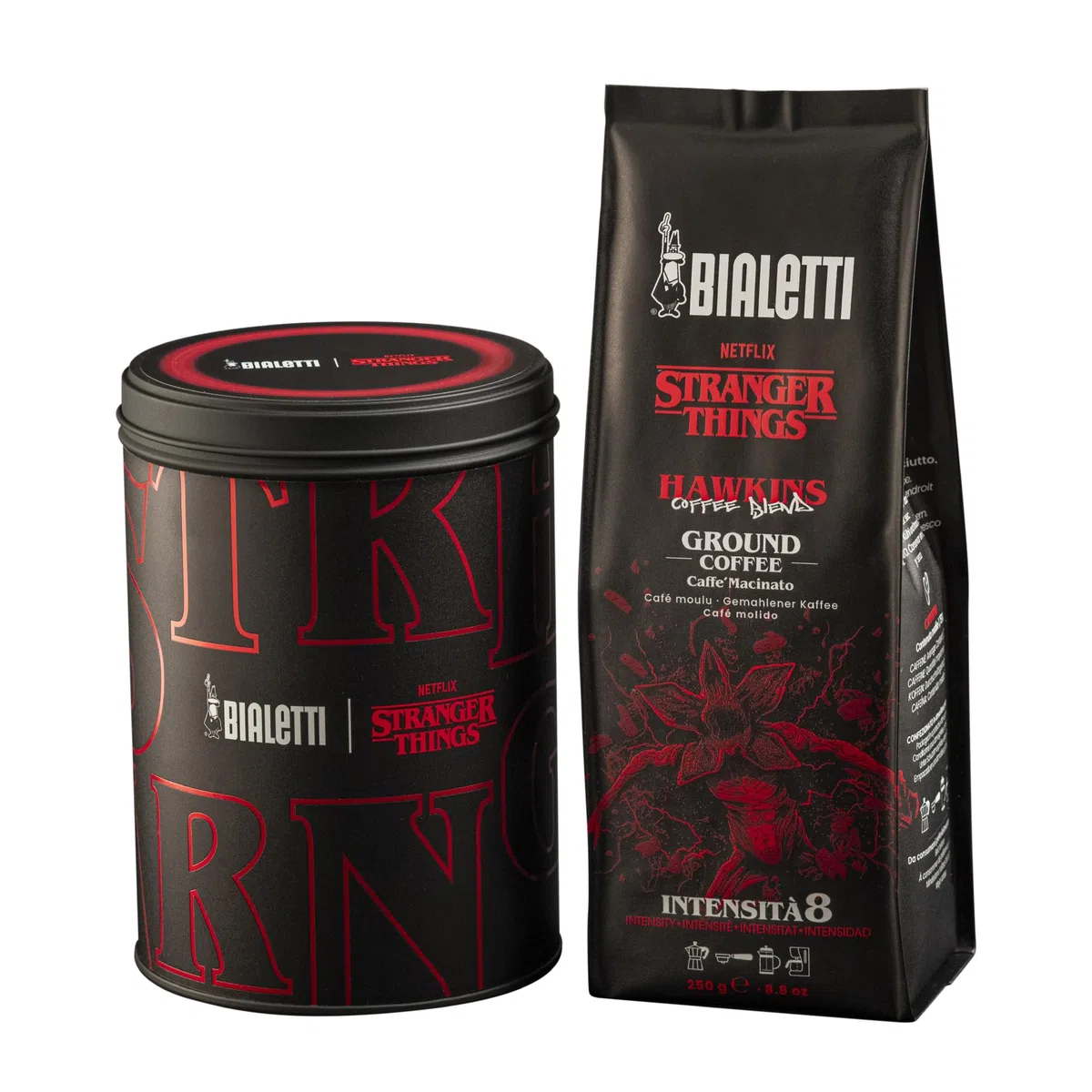 Bialetti Café molido Stranger Things – Lata + bolsa 250 g, mezcla Hawkins 50% Arábica 50% Robusta, edición coleccionista con diseño de la serie