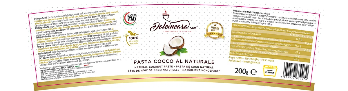 Pasta de Coco Semielaborada Textura Cremosa para Postres Helados Pasteleria Sin Gluten Deliciosa y Versátil 200gr