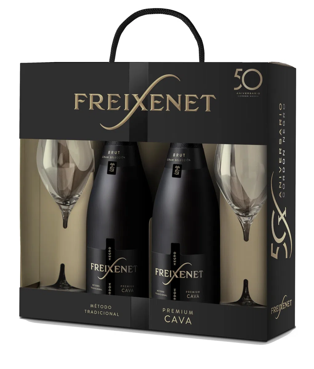 Freixenet Cava Cordón Negro Brut, estuche 2 botellas y 2 copas
