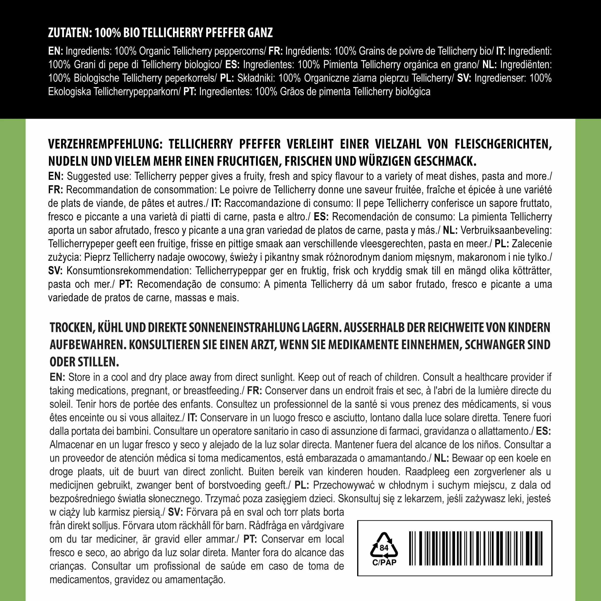 Alpi Nature Pimienta Negra Tellicherry Orgánica en Grano 250g, Granos de Pimienta Tellicherry Enteros