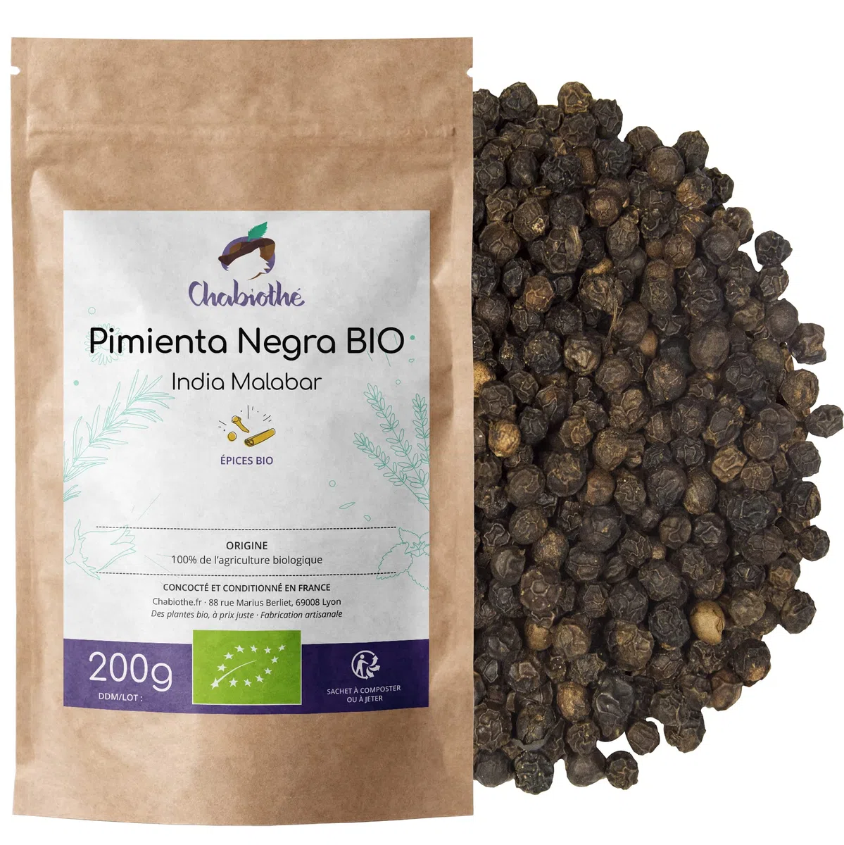 Pimienta Negra BIO 200g - granos enteros orgánico - bolsa biodegradable - Origen Malabar India