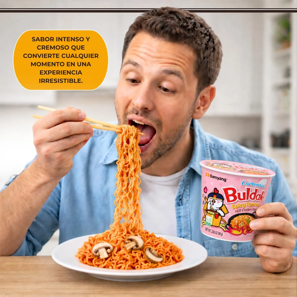 Ramen con fideos salteados con pollo picante Samyang Buldak, Hot Chicken Ramen Carbonara, Hot chicken ramen instantáneo muy rico y picante, Sabor a carbonara, Pack 3 paquetes de 80g cada uno