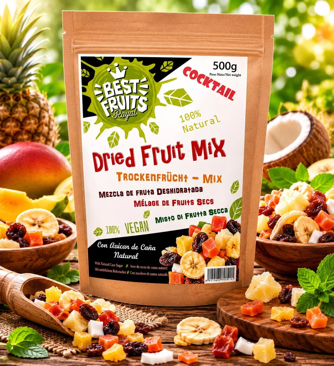 Fruta Deshidratada - MIX 9 papaya banana piña pomelo coco melón kiwi mango y manzana 500g – Ideal para Pasteles Cocteles o Snack – Con Azúcar de caña Natural - Vegana