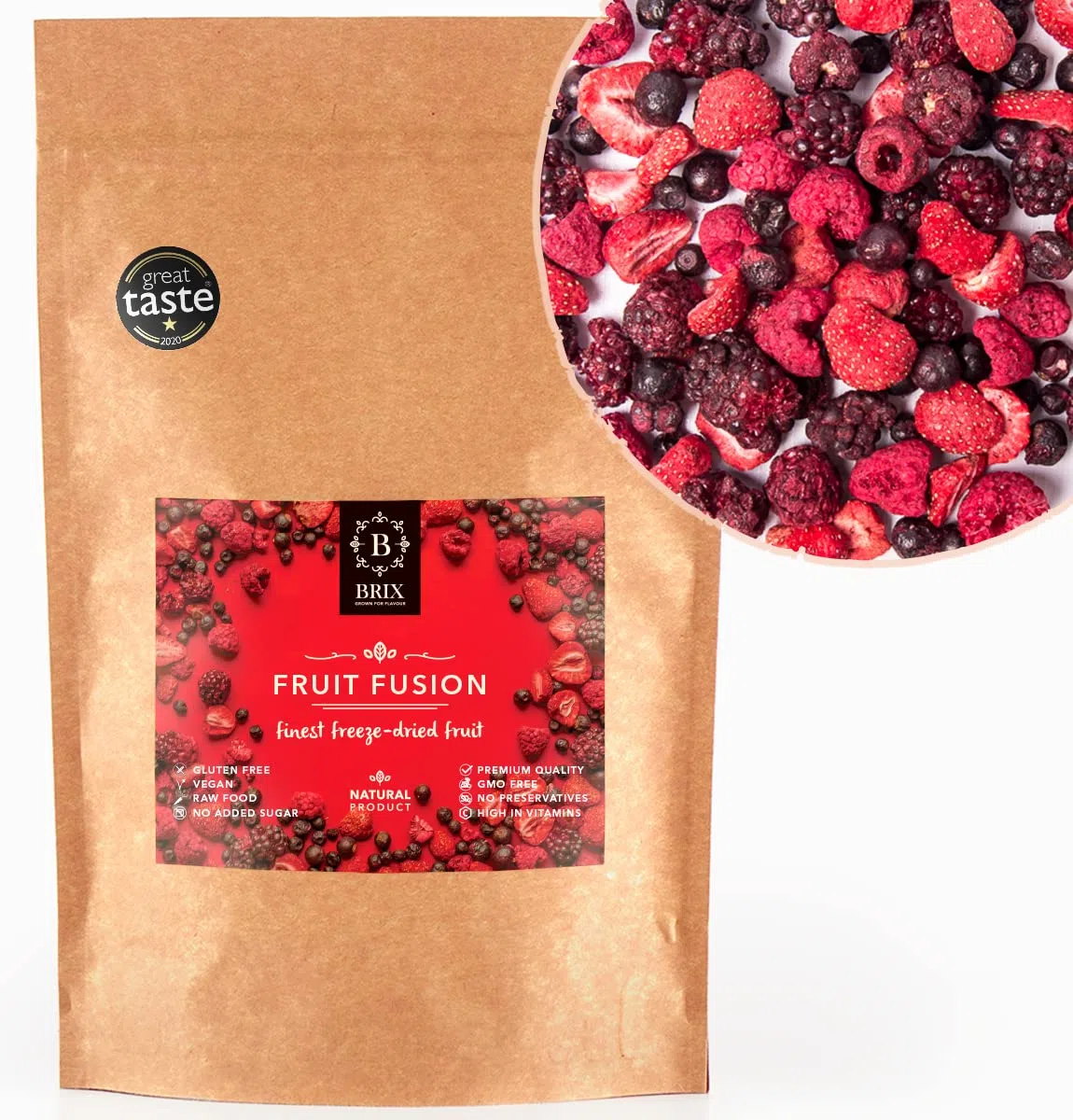 BRIX Fusión de Frutas Liofilizado| Mezcla de Frutas Deshidratadas sin Azucar 100% Naturales 80g | Premio de Gran Sabor de Frutos Secos | Sin OGM, Gluten, Vegano y Retenido de Vitaminas