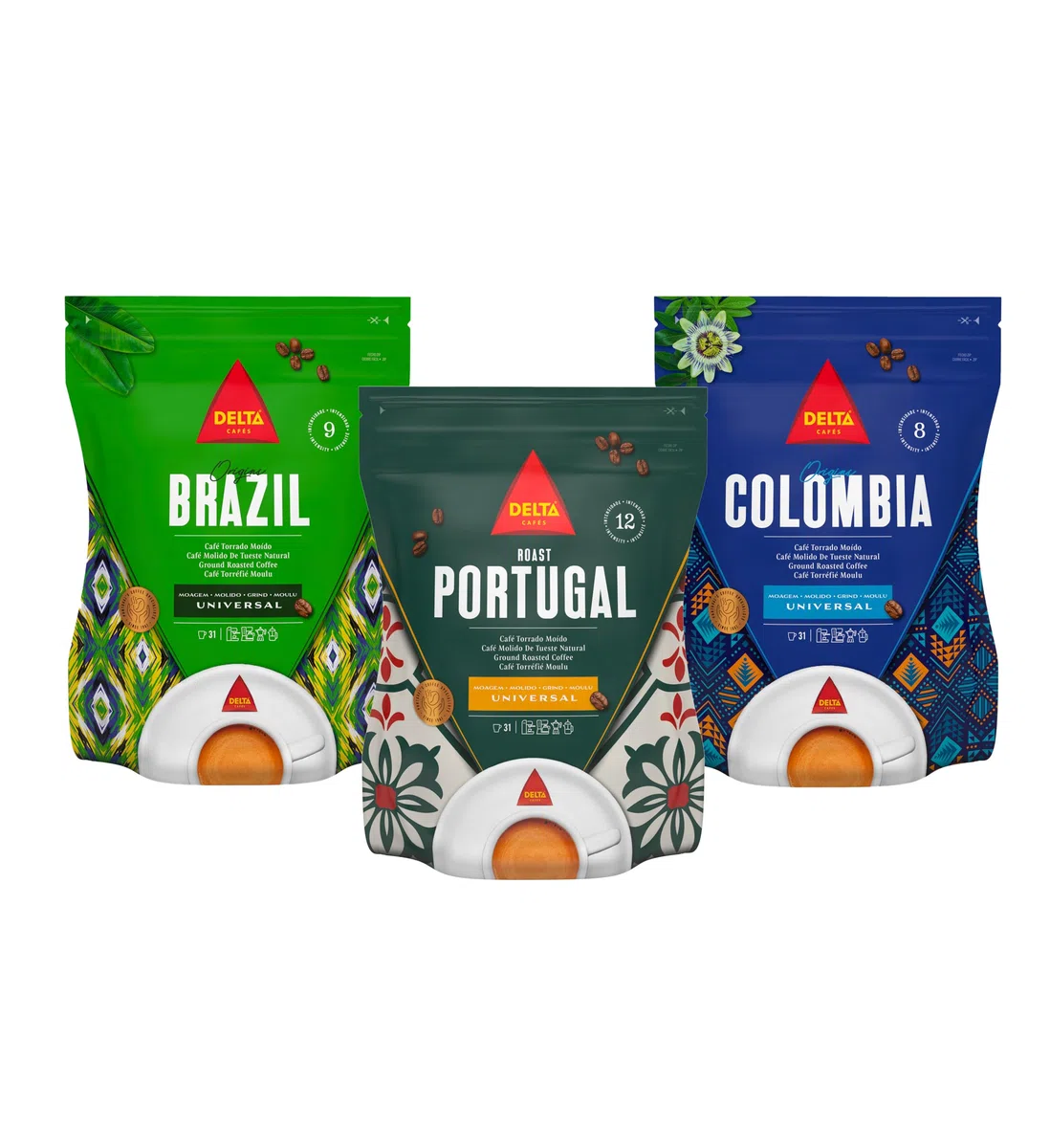 Delta Cafés - Café Molido - Pack de 3 Orígenes del Mundo - Colombia, Brasil y Portugal - 3 x 220 g - Intensidades 8 a 12 - Tueste Natural - Aromas Equilibrados con Notas Cítricas, Dulces y de Cacao