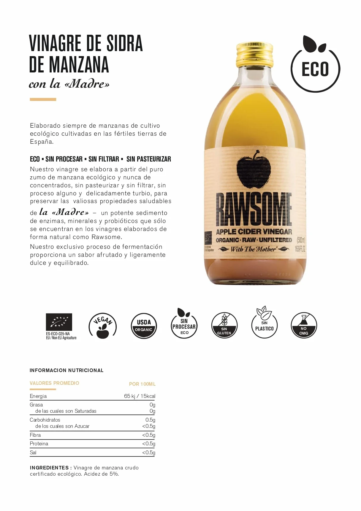 Rawsome Vinegars - Vinagre de Sidra de Manzana con la madre 100% Natural. Vinagre Ecológico Puro Sin Filtrar, Vegano y Vegetariano. Botella de Vidrio 500 ml