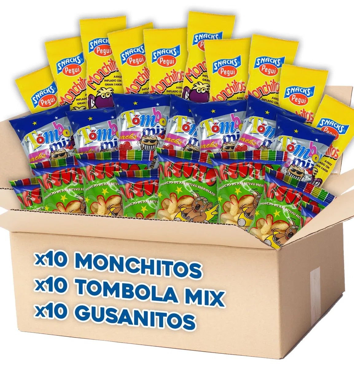 Pack Snacks Monchitos + Gusanitos Pegui + Tómbola Mix - 10 Bolsas Arroz Inflado Sabor Jamón + 10 Bolsas Gusanitos de Maíz + 10 Bolsas Mix Aperitivo de Maíz
