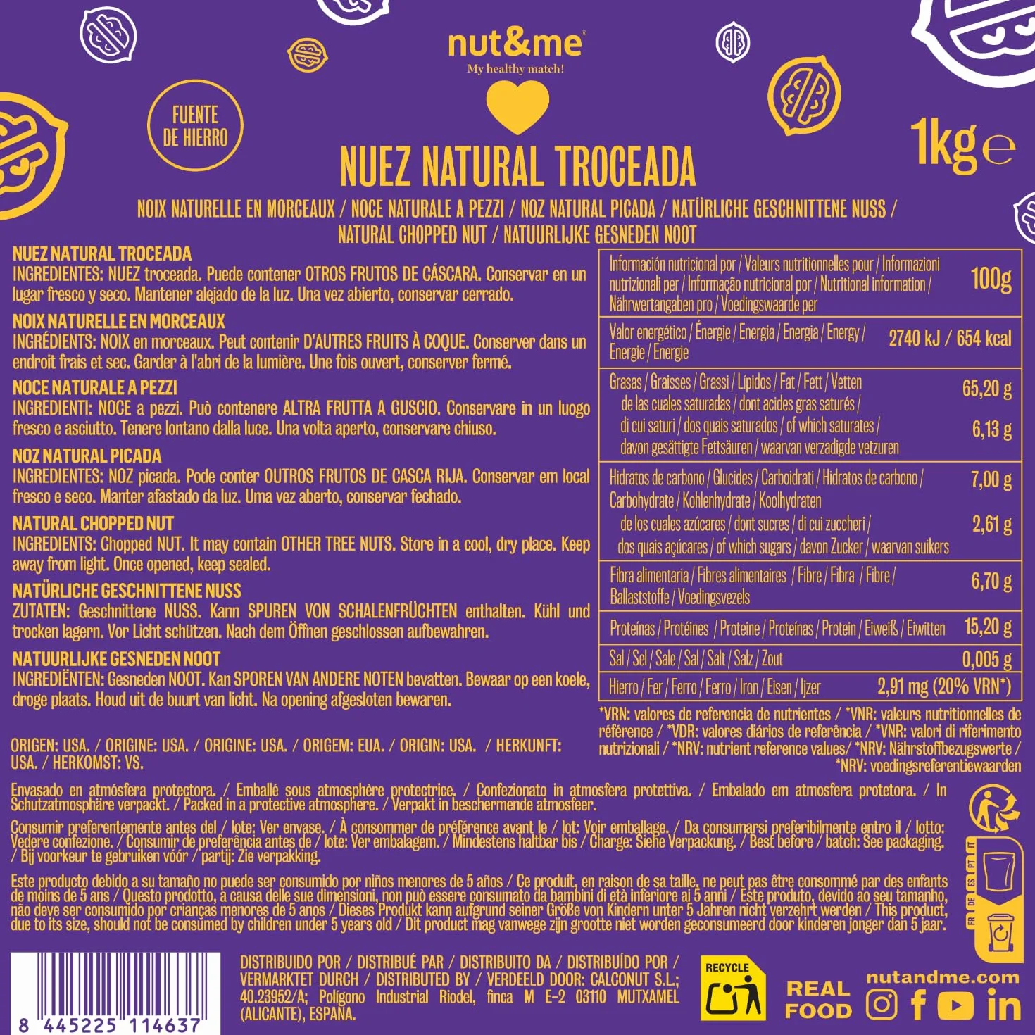 Nueces peladas 1 kg nut&me | Keto | Fuente de hierro | Alto en fibra | Sin aditivos | Sin gluten | Snack saludable