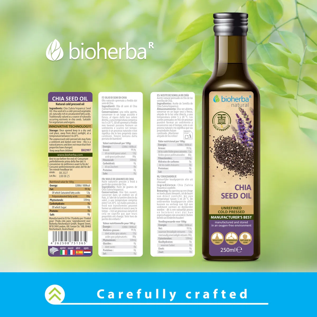 Aceite de semilla de chía 250 ml – Prensado en frío, 100 % natural y sin refinar | Para cocina y uso cosmético | BIOHERBA (1)