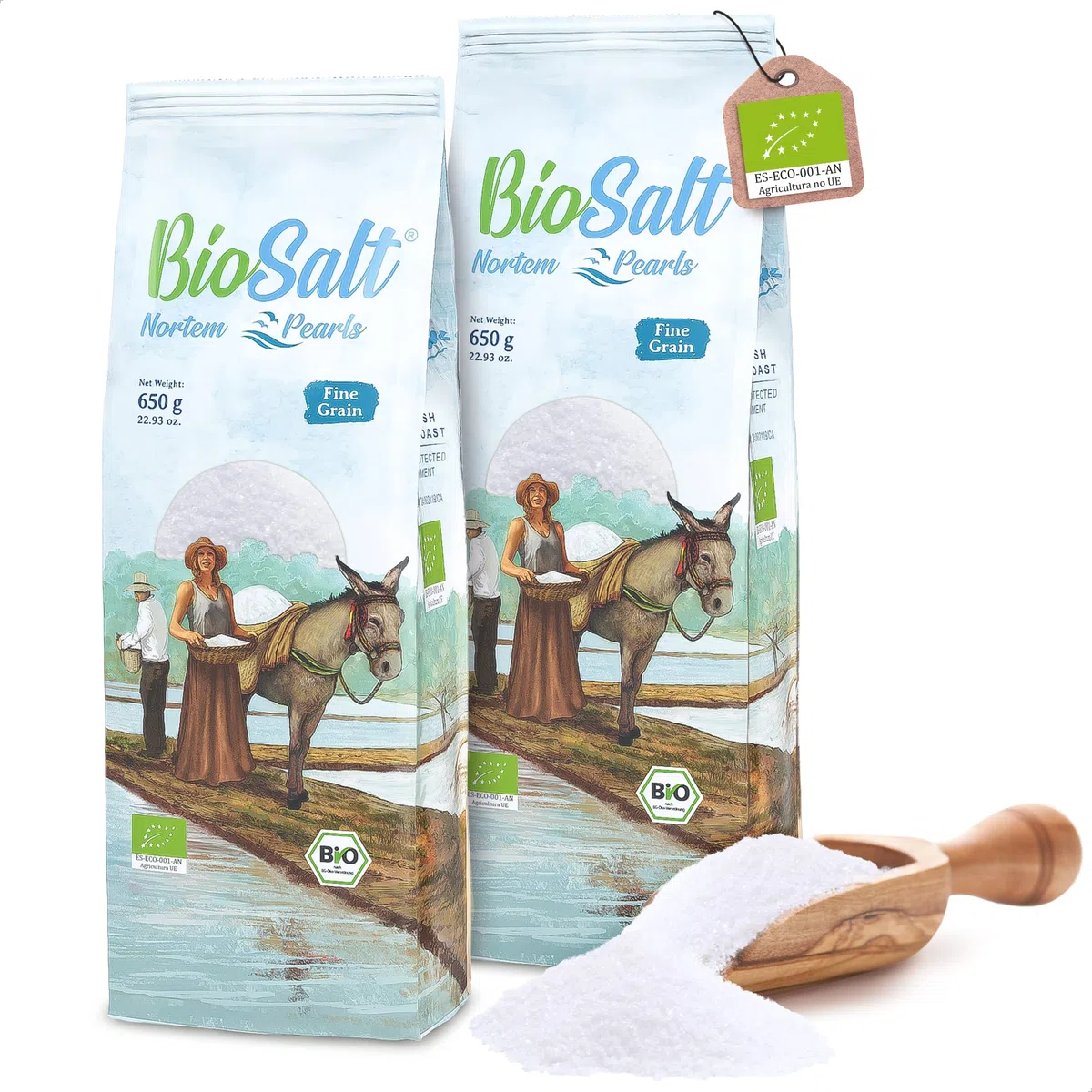 BioSalt Sal Marina Virgen Ecológica 2 x 650 g Fina Sal de Cádiz 100% Natural Sin Refinar y Rica en Minerales + Sal Gourmet Cocina Saludable + eBook Exclusivo de Recetas Gourmet