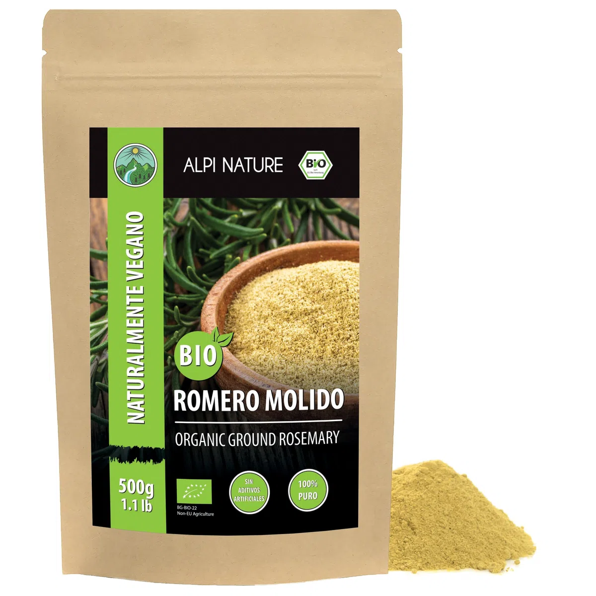 Alpi Nature Romero Orgánico Seco en Polvo 500g, Hojas Secas y Molidas, Especia Romero para Cocinar