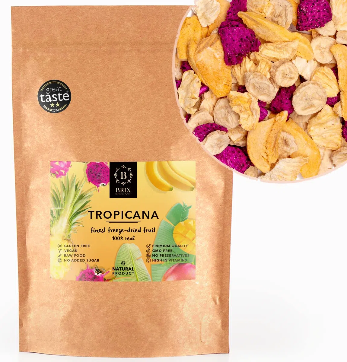 BRIX Frutas Tropicanas Liofilizadas | Mezcla de Frutas Tropicales Deshidratadas 100% Naturales 140g | Premio Gran Sabor de Deshidratadas | Sin OGM ni Gluten, Vegano y Retenido de Vitaminas