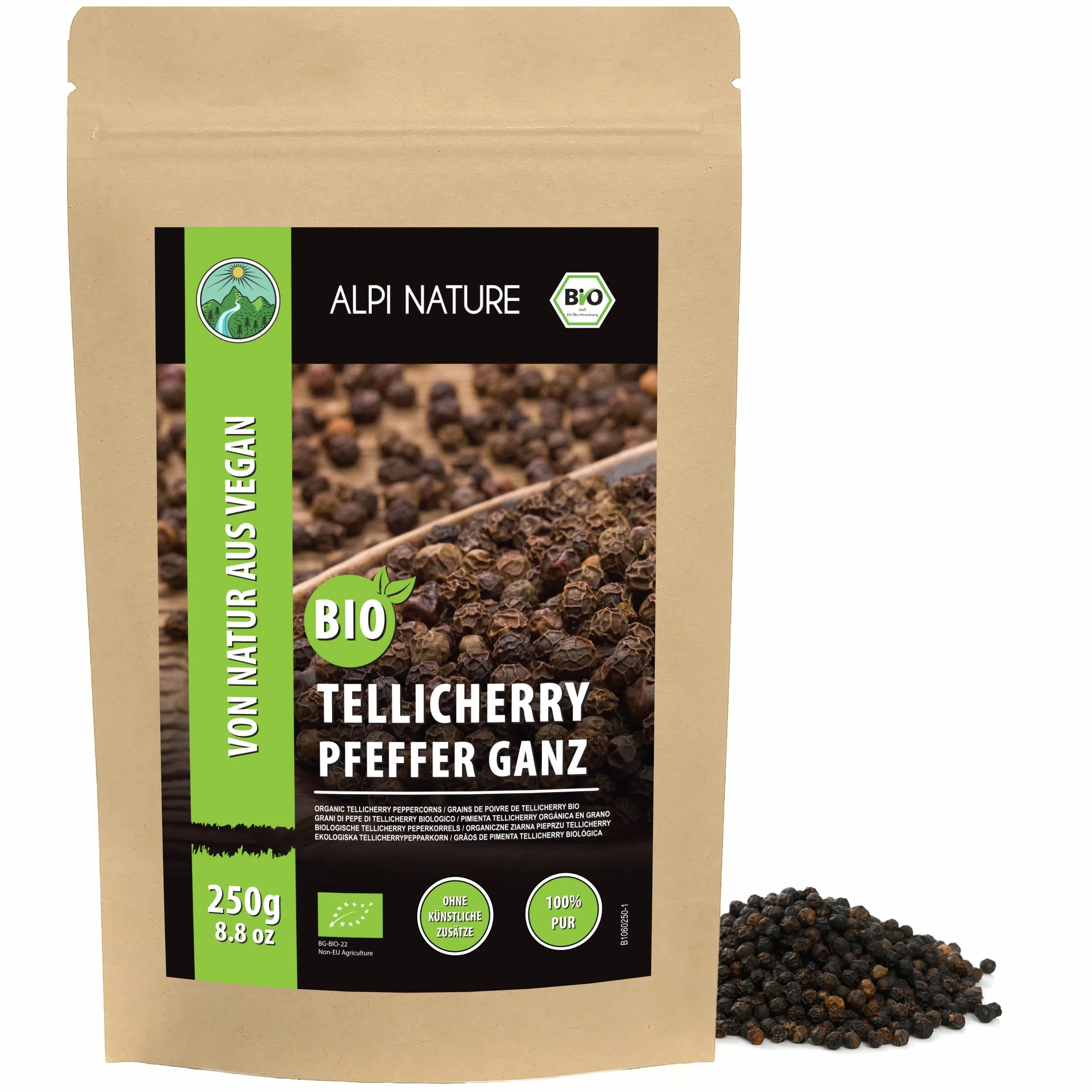 Alpi Nature Pimienta Negra Tellicherry Orgánica en Grano 250g, Granos de Pimienta Tellicherry Enteros