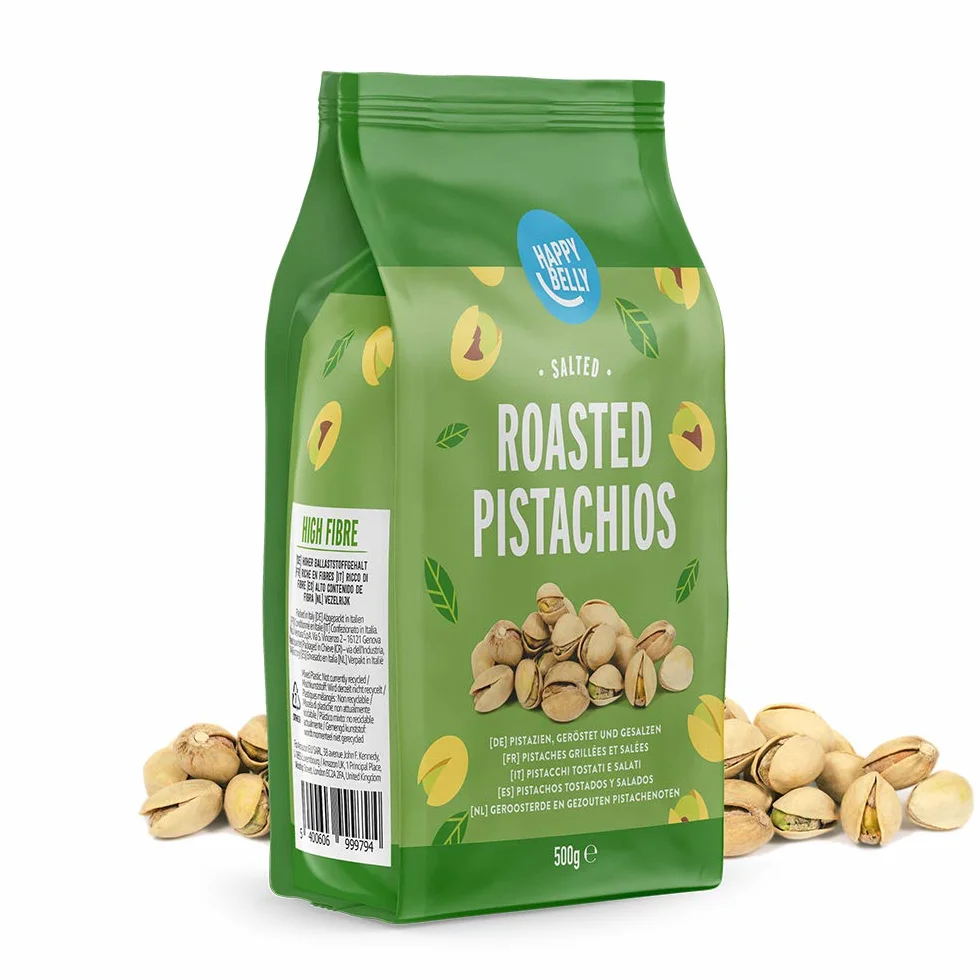 Marca Amazon - Happy Belly Pistachos tostados y salados, Sal Marina, 1000g (Paquete de 2 x 500 g)