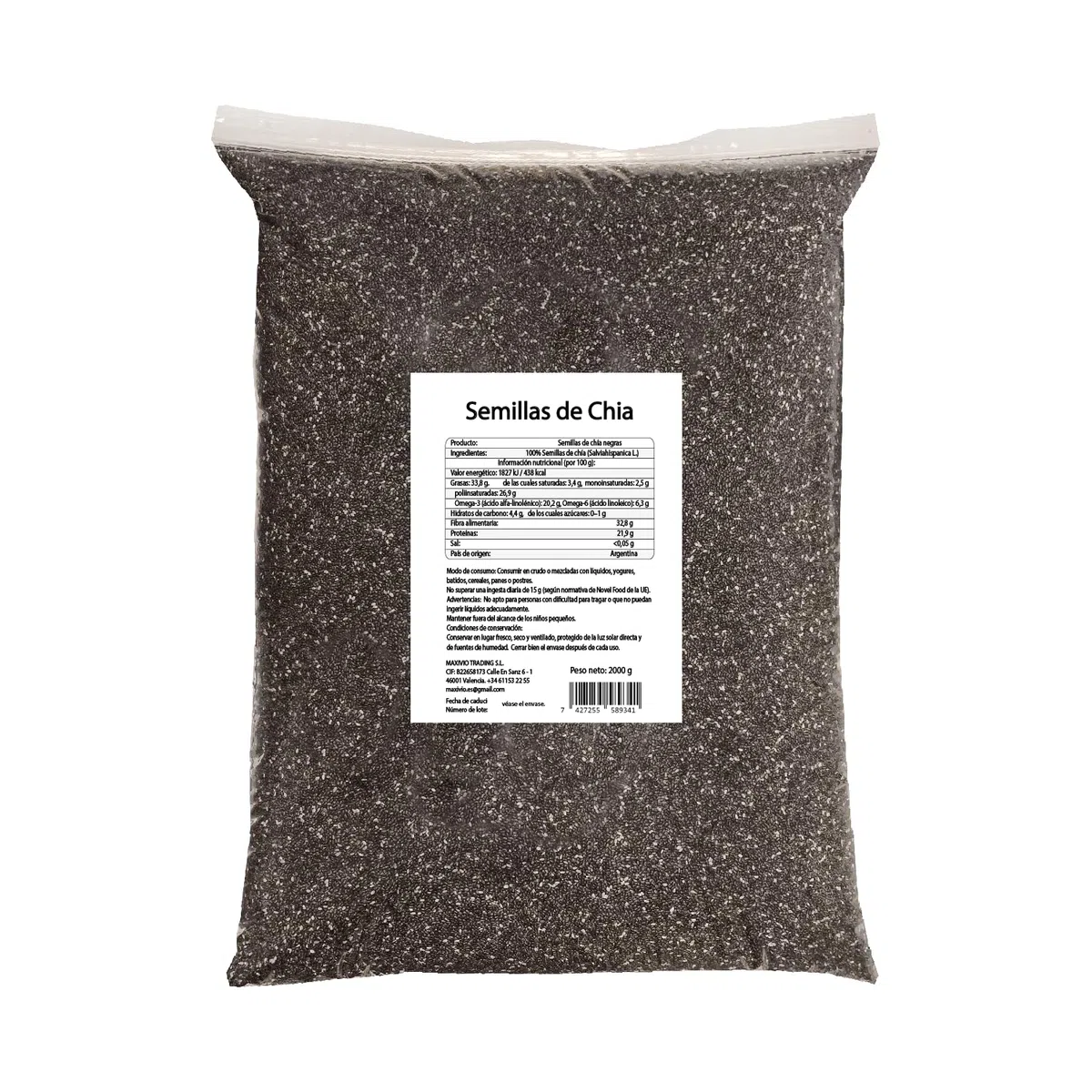 MaxiVio Semillas de Chía 2 kg - Ricas en Omega-3 y Fibra - Ideal para Batidos, Yogur y Repostería