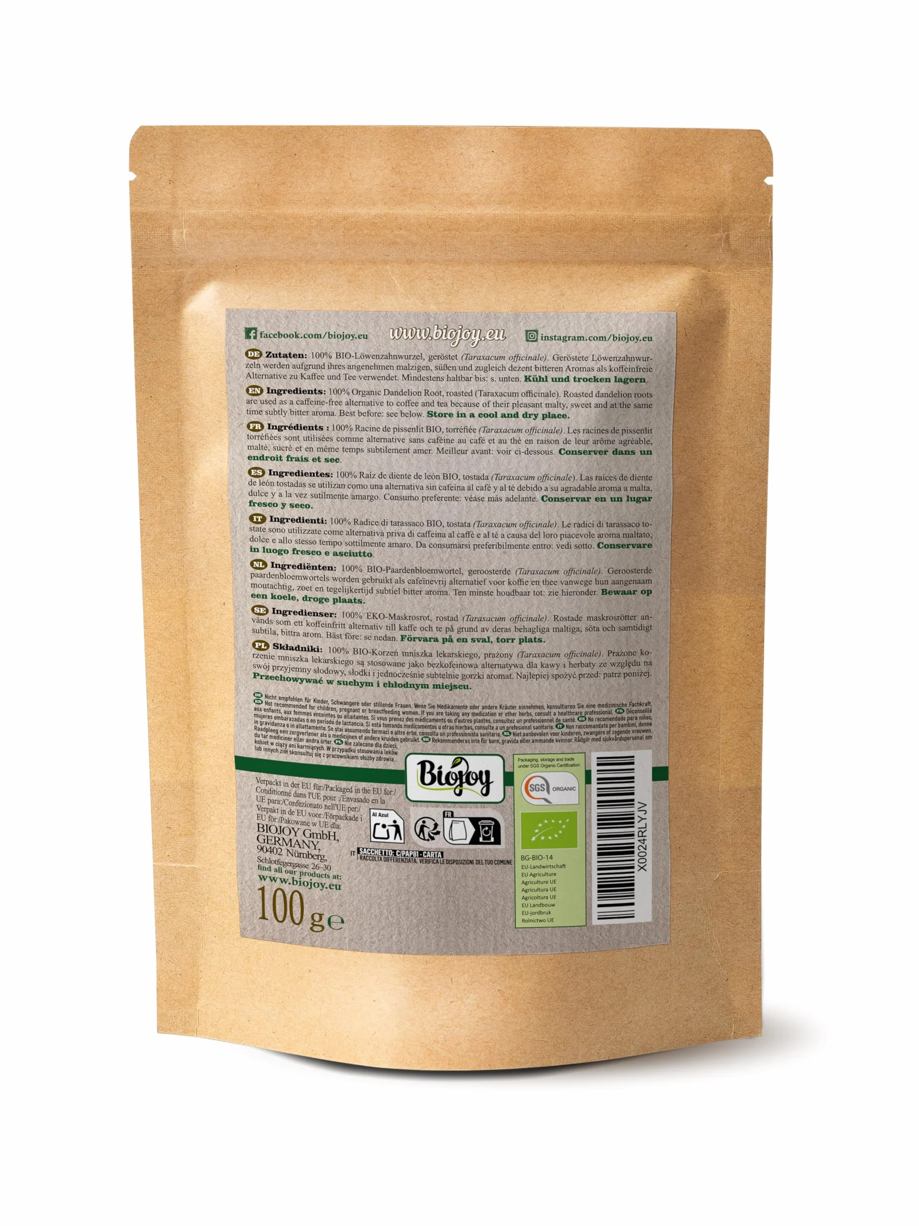 Biojoy Raíces de diente de león Ecológico (100 g), secadas y tostadas, ideales para Infusión (Taraxacum officinale)