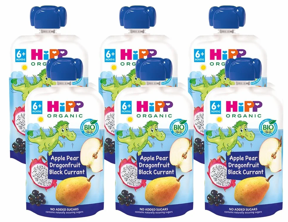 HiPP Biológico - Bolsita Multifrutas - Pouches Dragón de Manzana, Pera, Fruta del Dragón y Grosella BIO - Pack 6x100g - Sin Azúcar Añadido - Apto Para Bebés A Partir de los 4 Meses