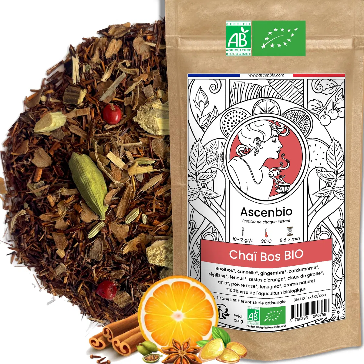 Ascenbio - Rooibos - Chai bos orgánicos - 180 g a granel - preparado y envasado en Francia - embalaje biodegradable