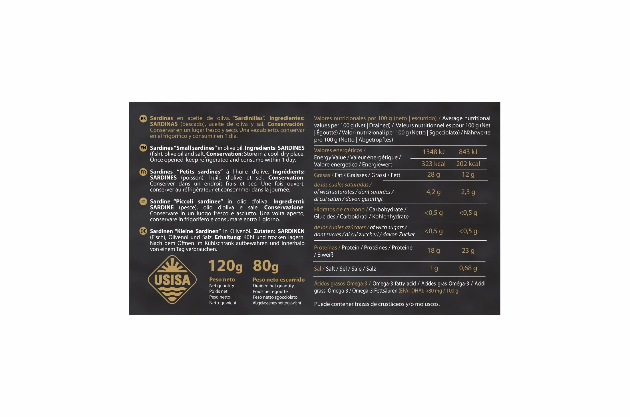 Sardinillas en Aceite de Oliva de USISA - Conserva de Pescado | Pack de 5 Latas de 120g