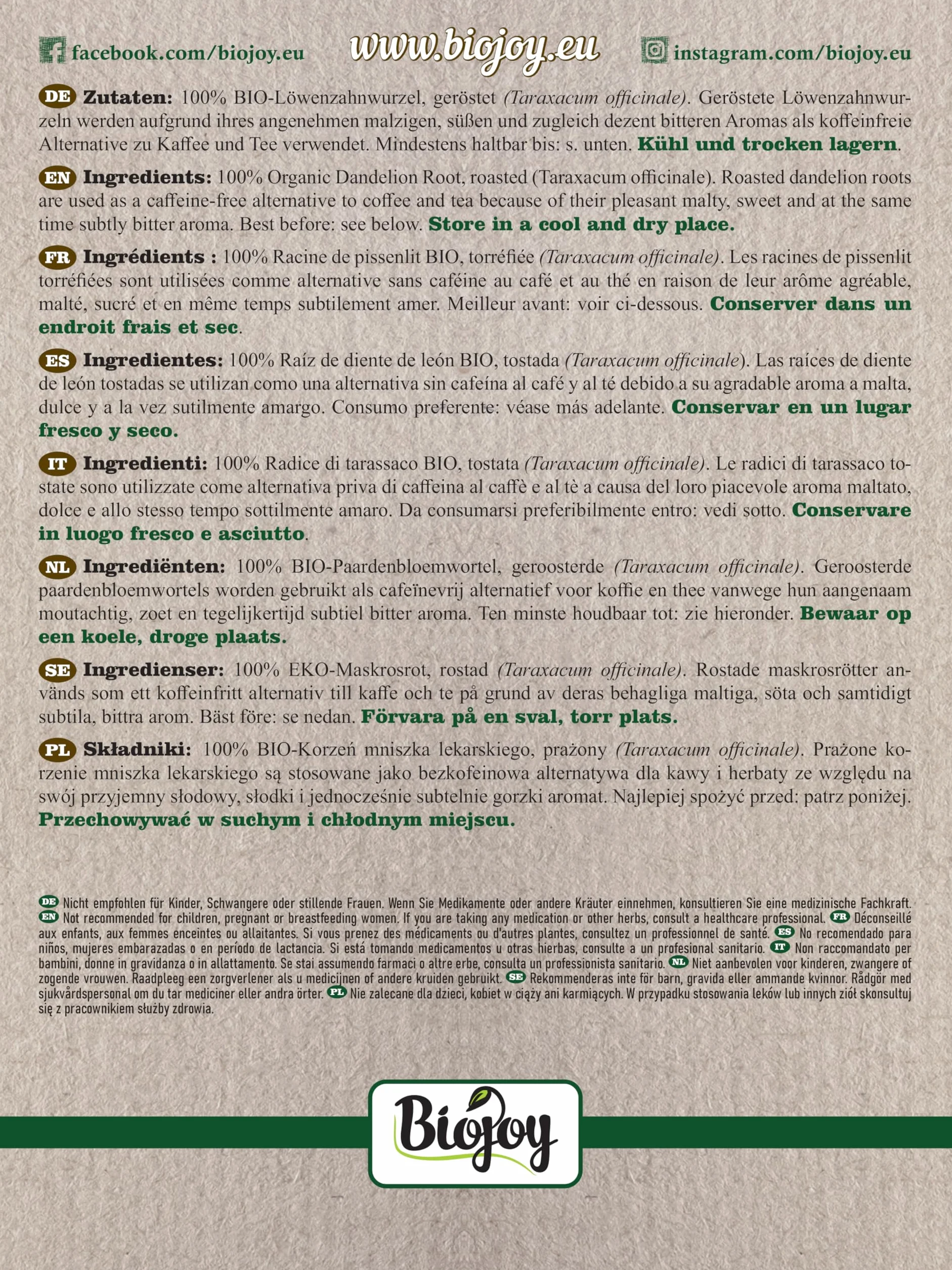 Biojoy Raíces de diente de león Ecológico (100 g), secadas y tostadas, ideales para Infusión (Taraxacum officinale)